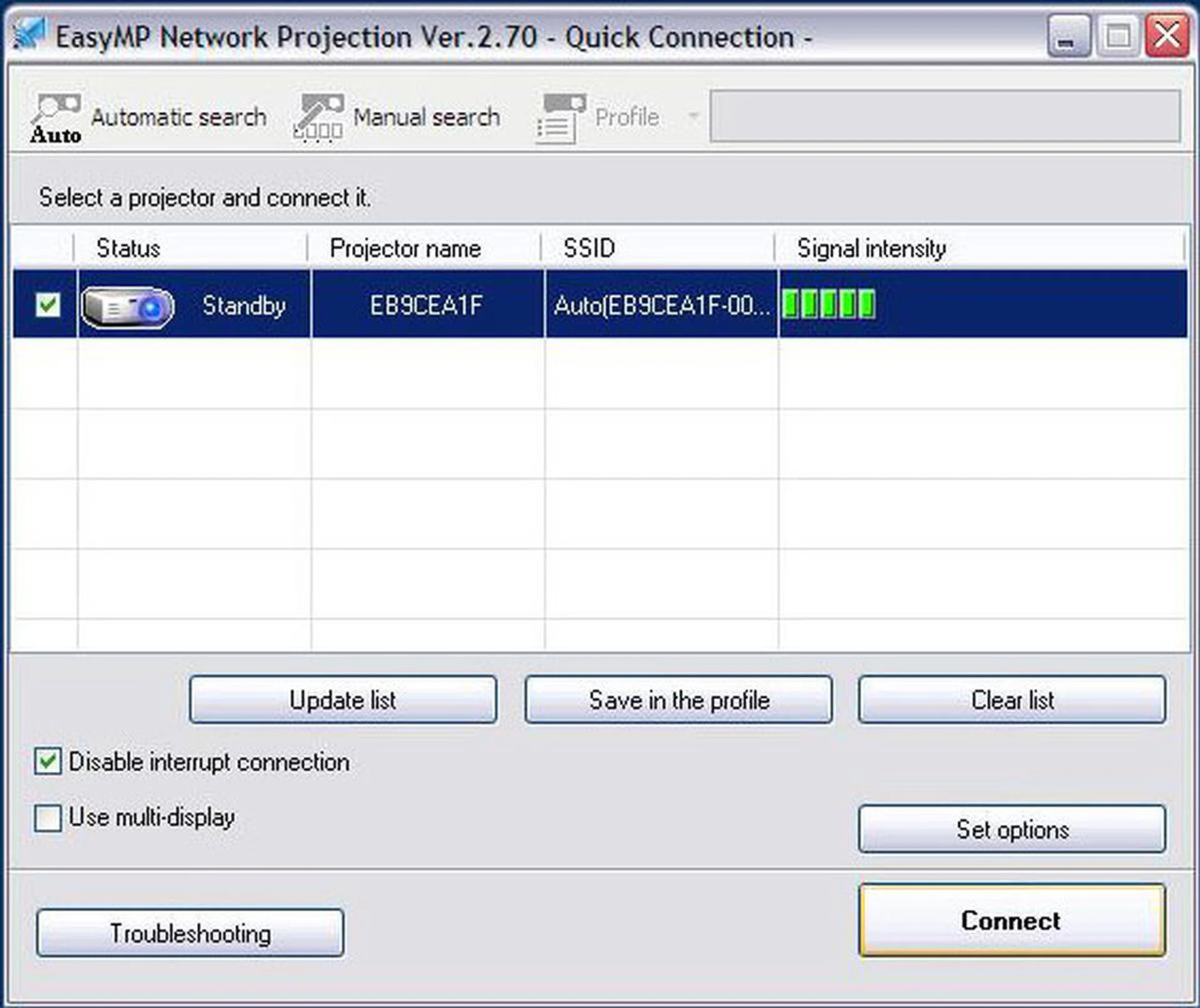 Here's the interface of EasyMP Network Projection when using Quick Connection mode. Connection is fast, as long as the projector is detected. 