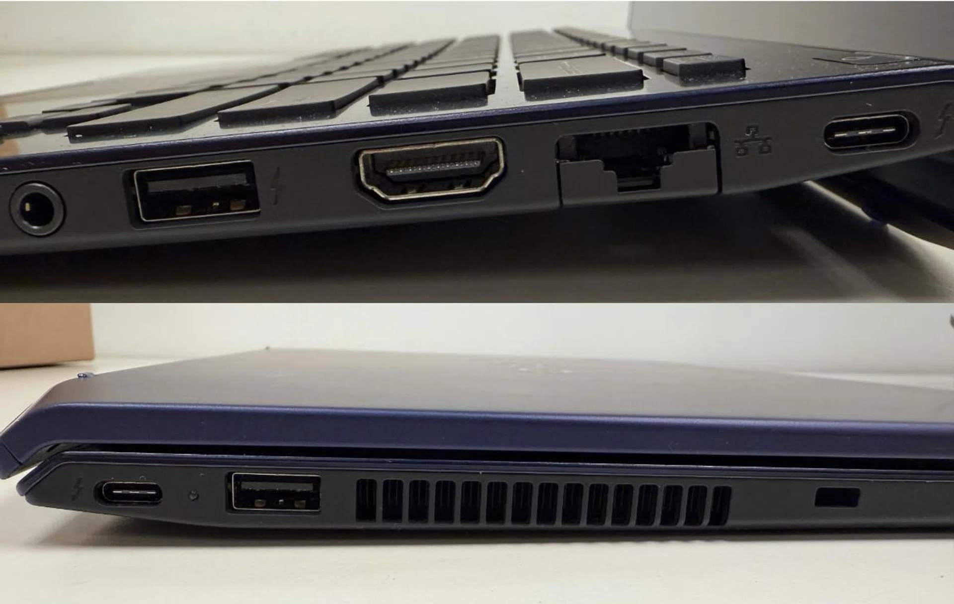 The ports on the right (top) and left (bottom) with the lid open and closed. Photo: HWZ. 