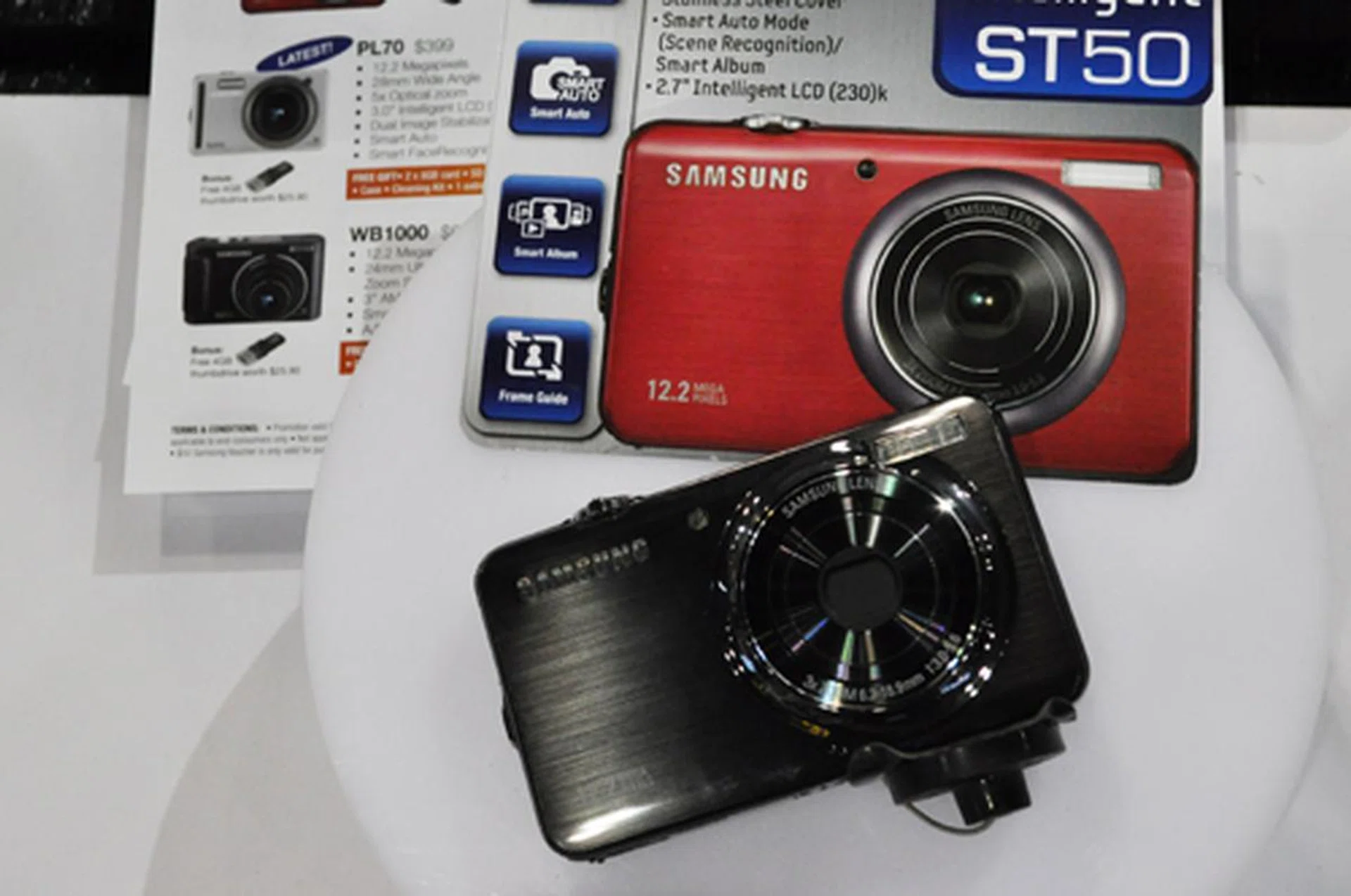The Samsung ST50 digital camera, with a slim brushed-metal body, is a star buy going for $399.