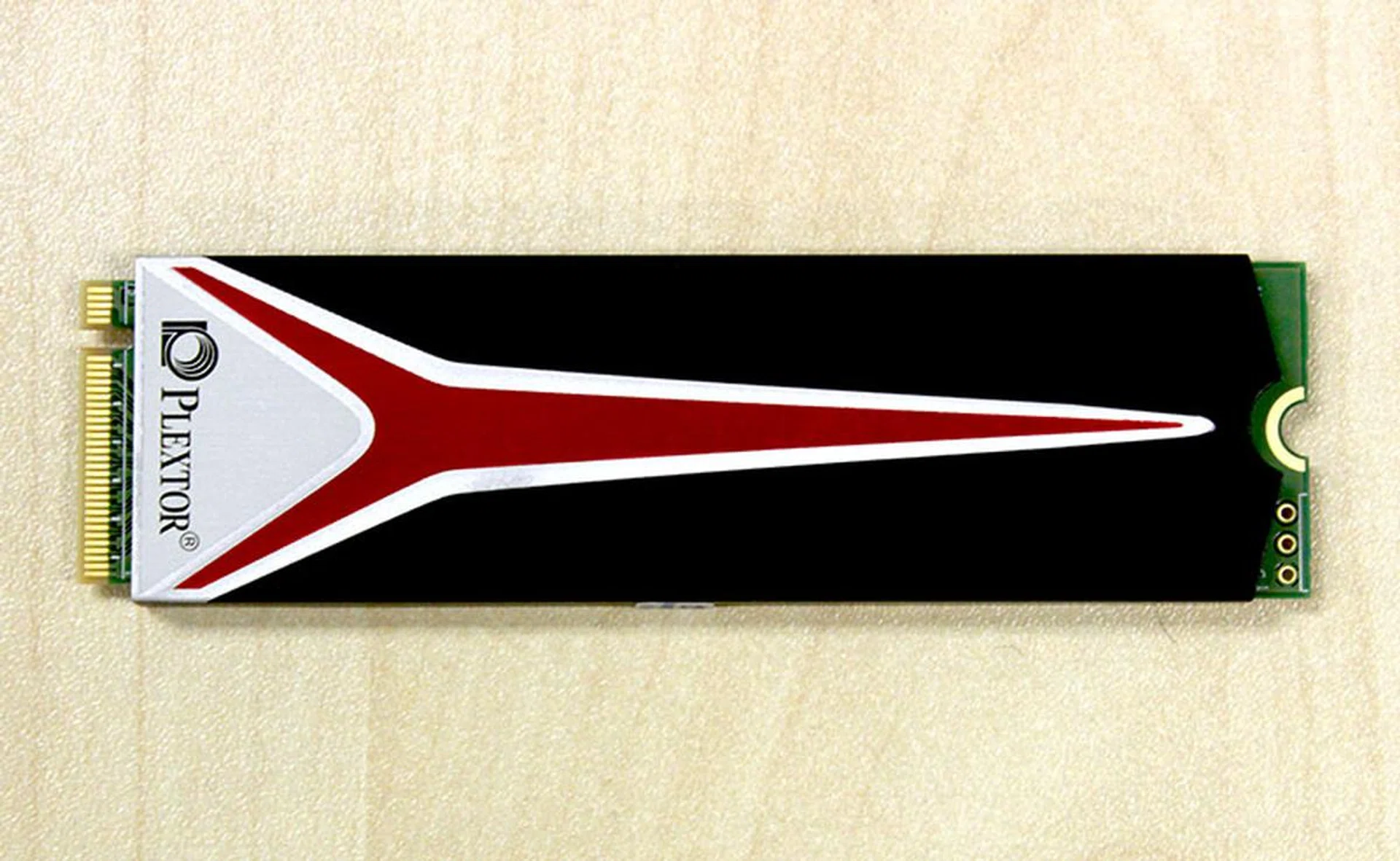 The Plextor MP8e is offered in numerous form factors, this one comes in the M.2 2280 form factor and features a prominent heat shield.