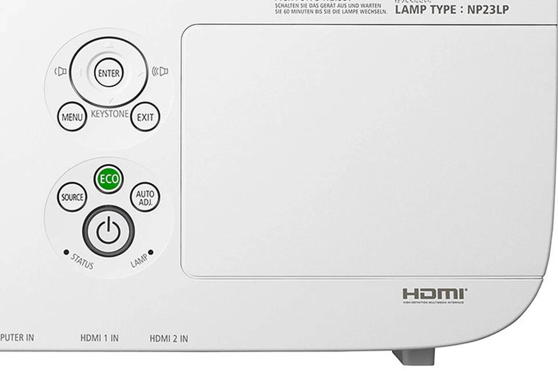 Essential controls are found on top of the cabinet as well, including dedicated buttons for source detection and Eco mode switching. Towards the right is the lamp cover.