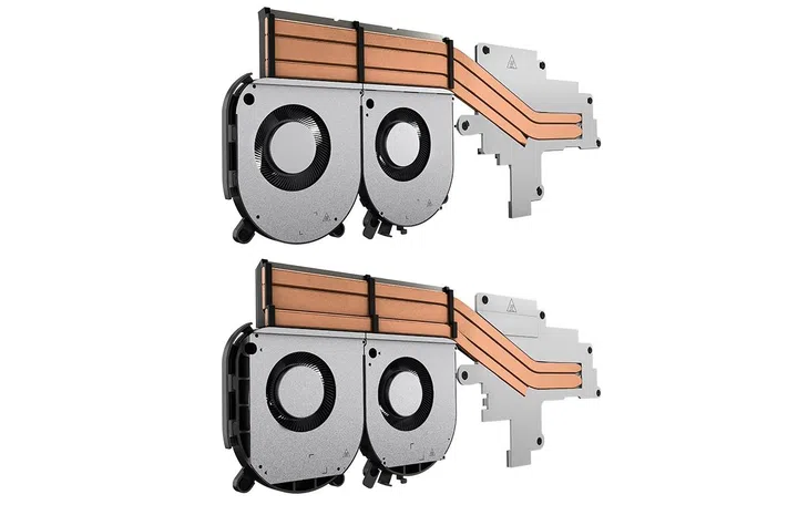 A comparison of the cooling systems on the RTX 40 (top) and 50 (bottom) Alienware 15s, with beefier fans for the latter.