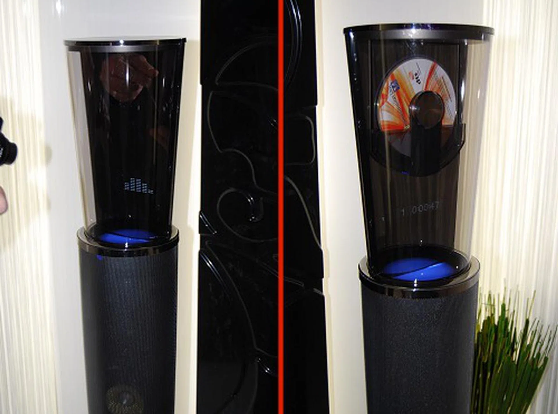 Take a closer look at what tops both the front speakers - a VFD display on the left unit, while the right side gets a vacuum loaded Blu-ray disc loader. Stylish? Tell us your thoughts.