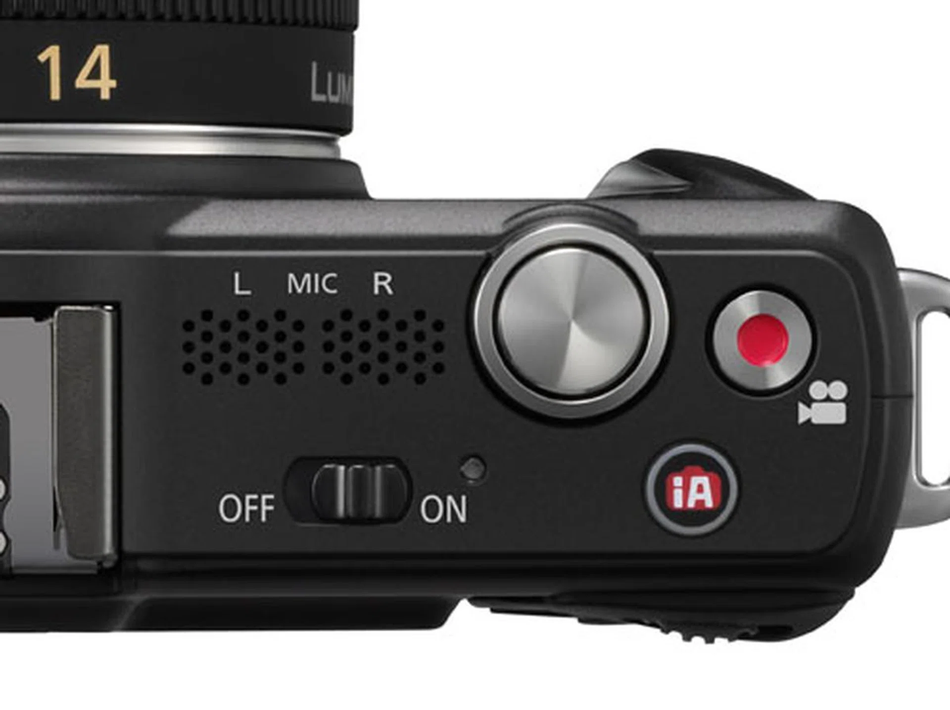 The always-useful iA button and video Record buttons are still here, as are a new pair of stereo speakers. What's conspicuously missing is the large Mode dial from the GF1.