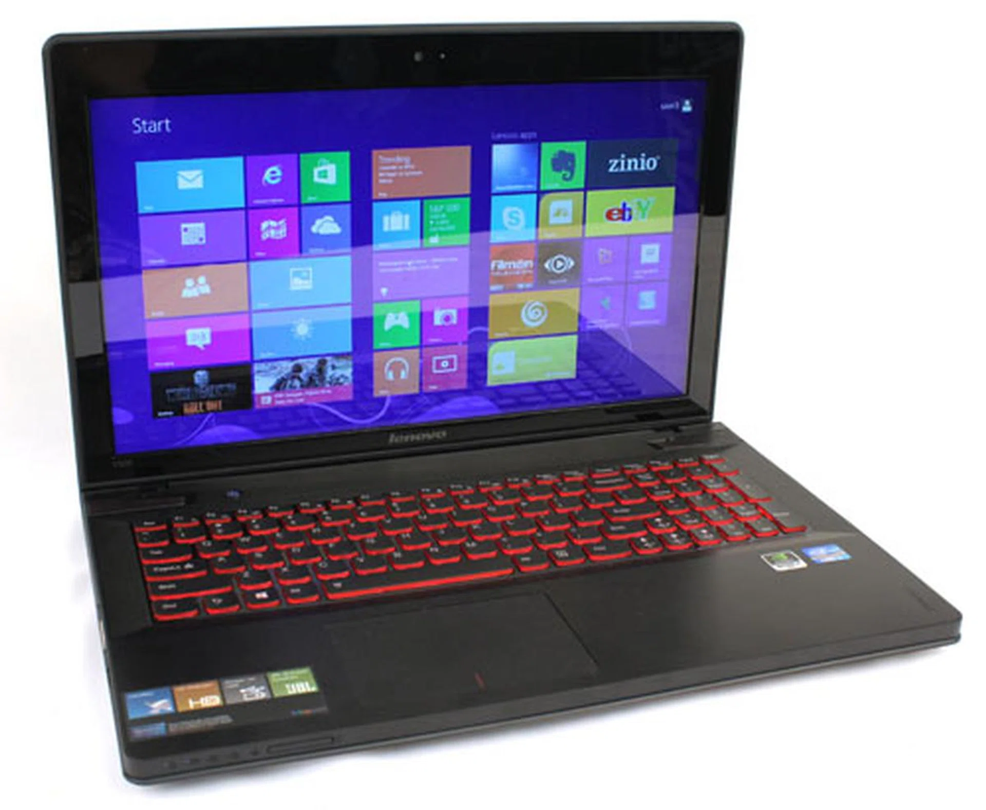 The Y500's interior is a bit more exciting thanks to its red keyboard backlighting.