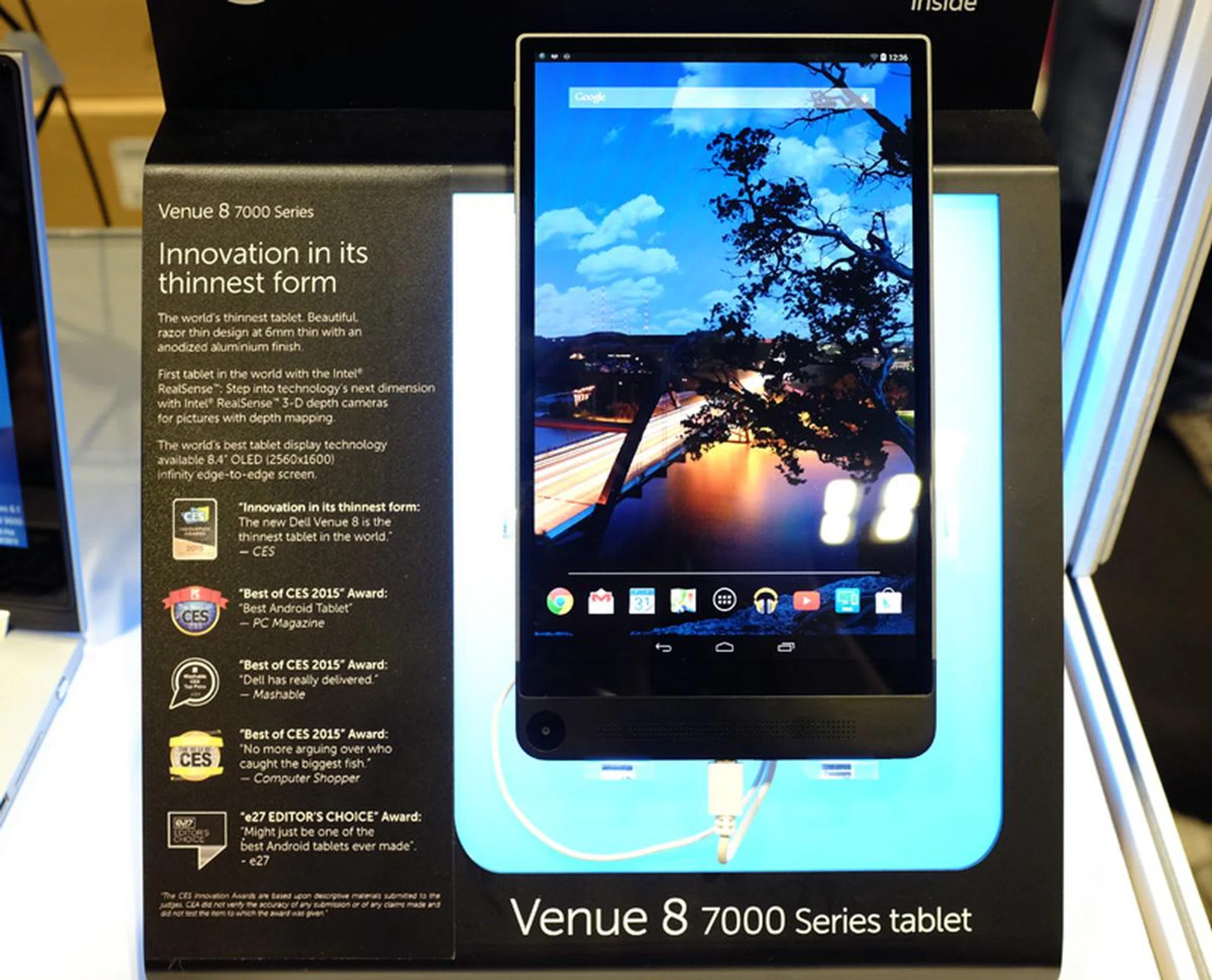 At 6mm thick, the 8.4-inch Dell Venue 8 7000 is the world's thinnest tablet. But that doesn't mean it's underpowered. Inside, you'll find an Intel Atom 2.3GHz processor, 2GB RAM and 16GB storage, with a microSD slot for expandable storage up to 512GB. It also boasts a gorgeous QHD (2560 x 1600) OLED edge to edge display. Usual price, $699, but you can pick one up from the PC Show for $669, and you'll also get a free Bluetooth folio keyboard.