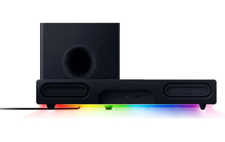 The rear of the Leviathan subwoofer and soundbar, with the latter's USB-C port for PC connection as well as sockets for power and subwoofer shown. (Image source: Razer)