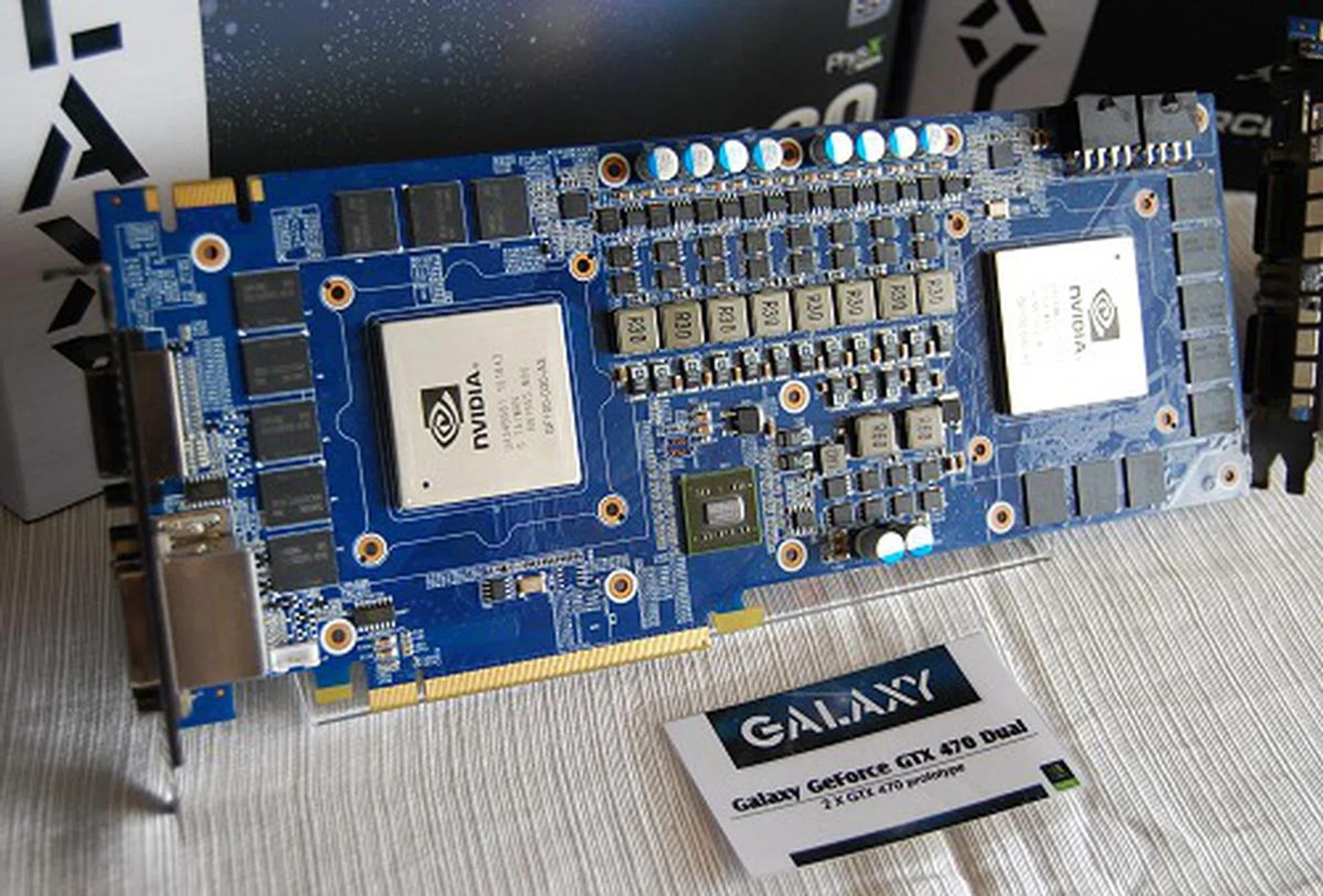 The other proto unit is the Galaxy GeForce GTX 470 Dual. The presence of dual GX 470 GPUs on a single PCB isn't as staggering as wondering what its cooling solution would be like but that's something we can't find out for now.