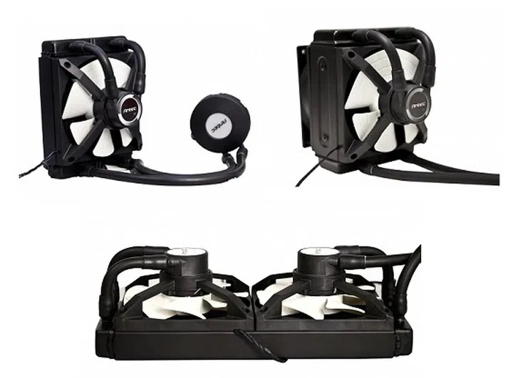 Clockwise from left:- the Kühler H2O 650, Kühler H2O 950 and the Kühler H2O 1250. As you can see, the main difference between them are the radiator sizes and cooling power.