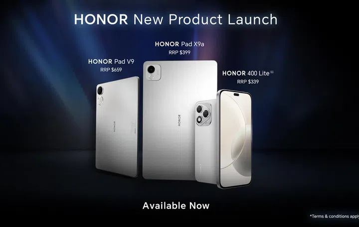 (L to R): Honor Pad V9, Honor Pad X9a, and the smartphone Honor 400 Lite. Image: Honor.