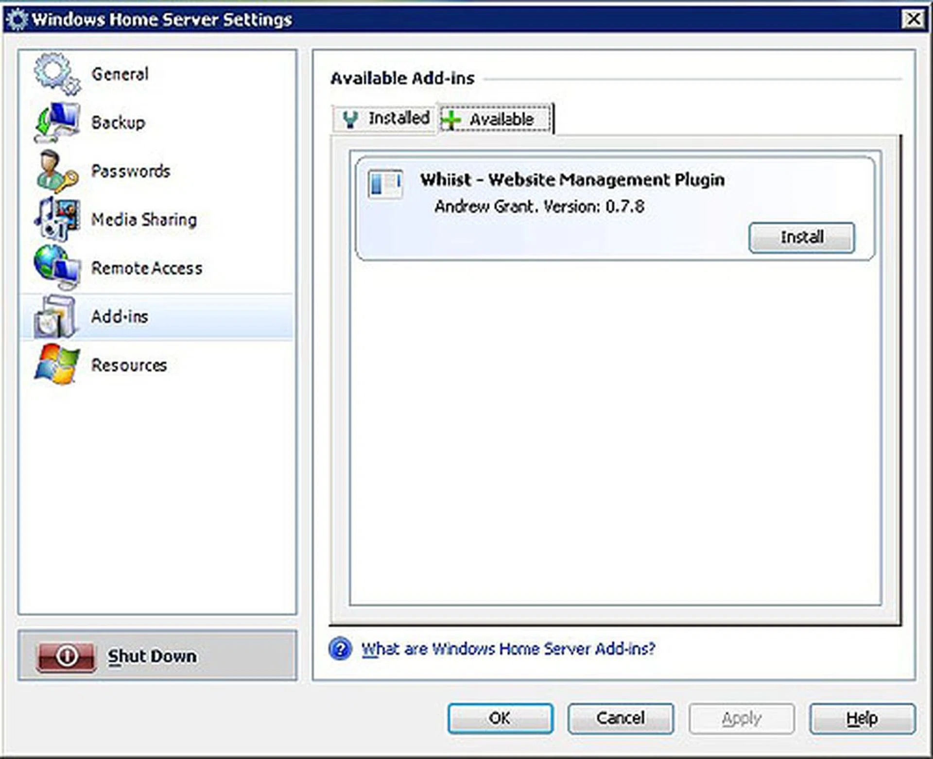 (Click to enlarge.) Microsoft is relying on third party plugin development, known as Add-ins to add further functionality to the basic Home Server features. One of the more prominent ones include Whiist, which allows users to easily host web pages and photo albums via Home Server. With Microsoft already providing a homeserver.com site to every registered user, this is a natural and very useful extension of this. 