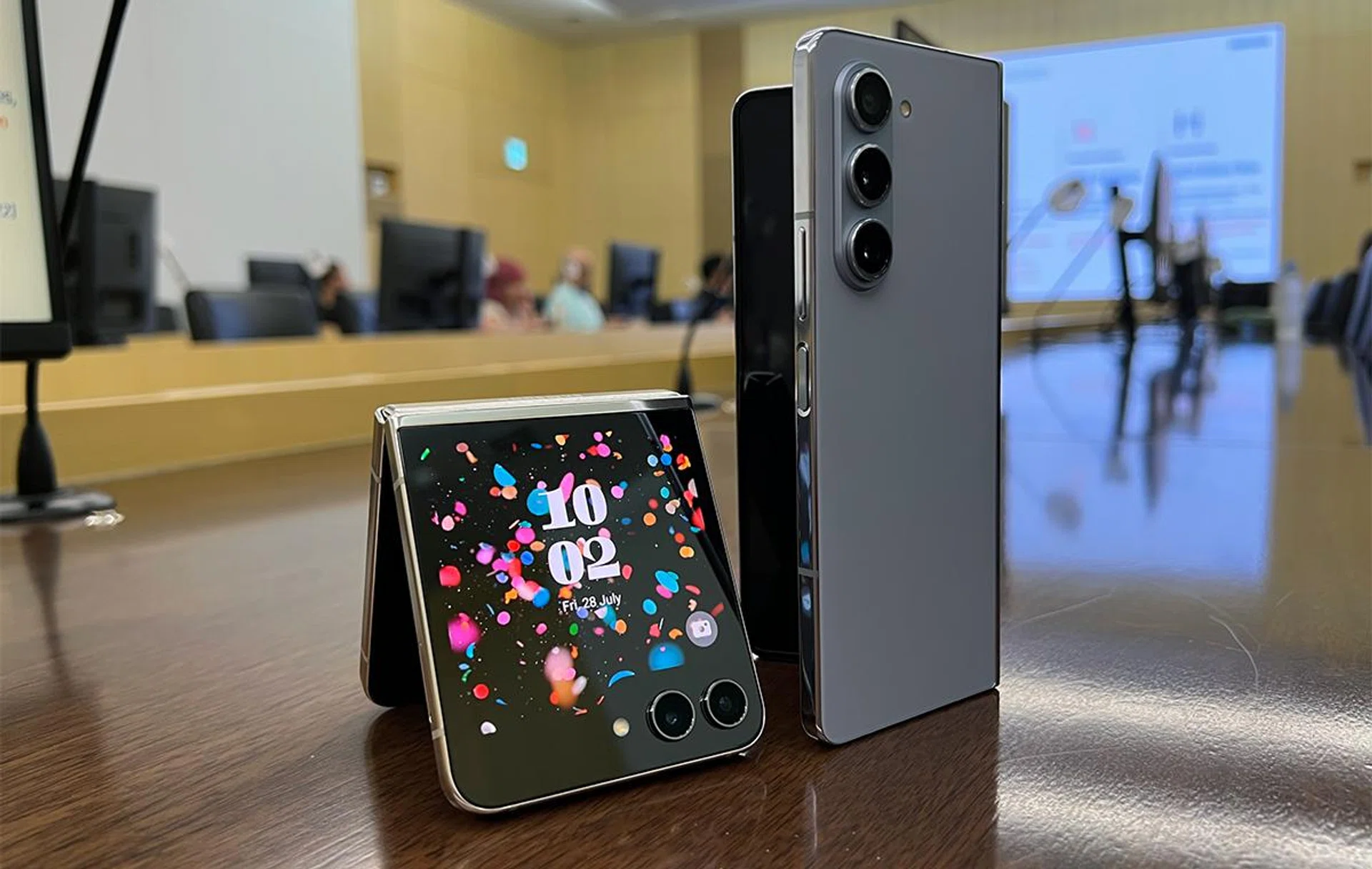 One last photo of the Samsung Galaxy Z Flip5 and Galaxy Z Fold5 at the factory tour safety and introduction briefing, before we were forced to stow away all imaging devices.