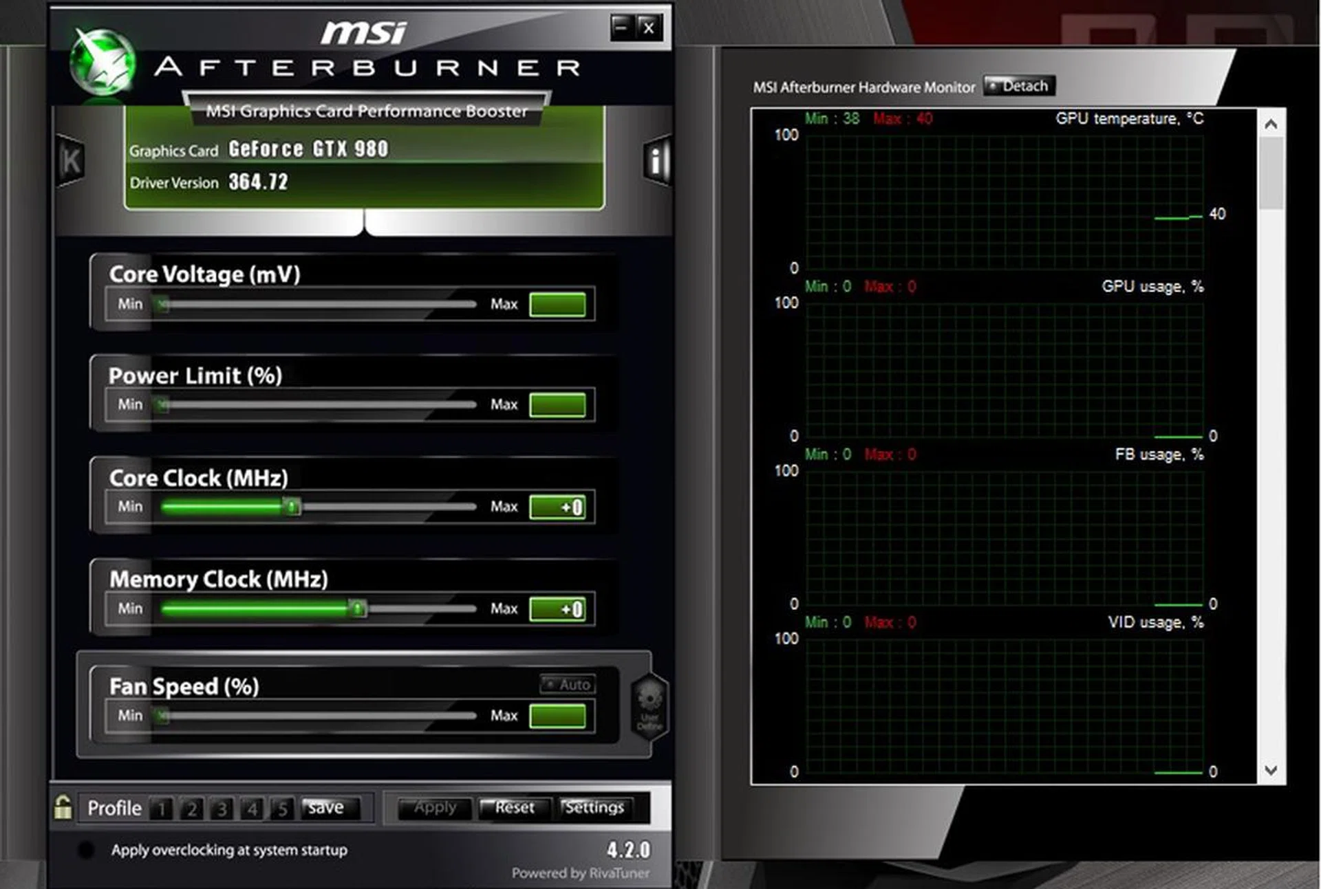 MSI Afterburner provides easy access to the core clock and memory clock.