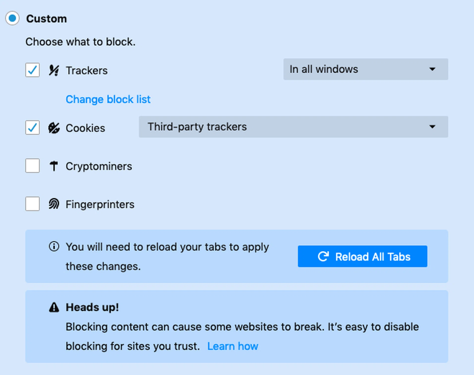 Apart from tracking cookies, Firefox has the added ability of blocking mining scripts.