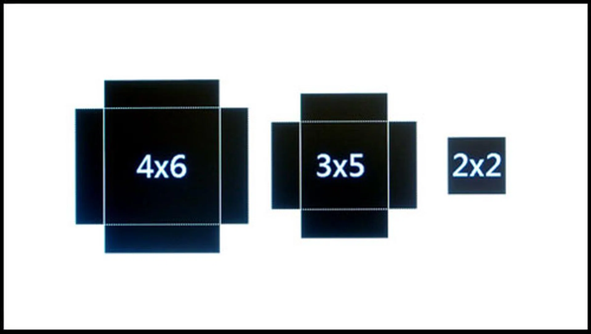 4 x 6-inch, 3 x 5-inch, and 2 x 2-inch.