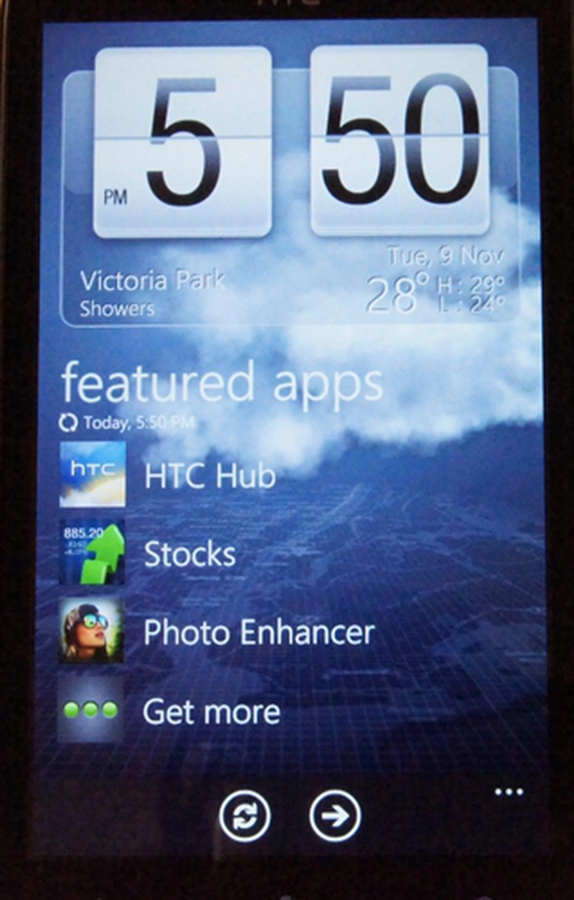 A huge weather widget greets you on the HTC Hub startup page.