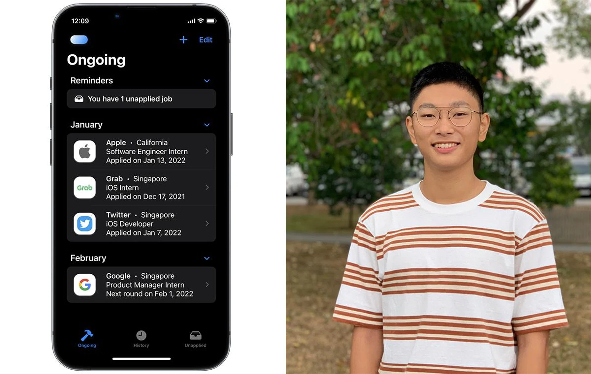 Richard Qi, 21, with his app, Log.