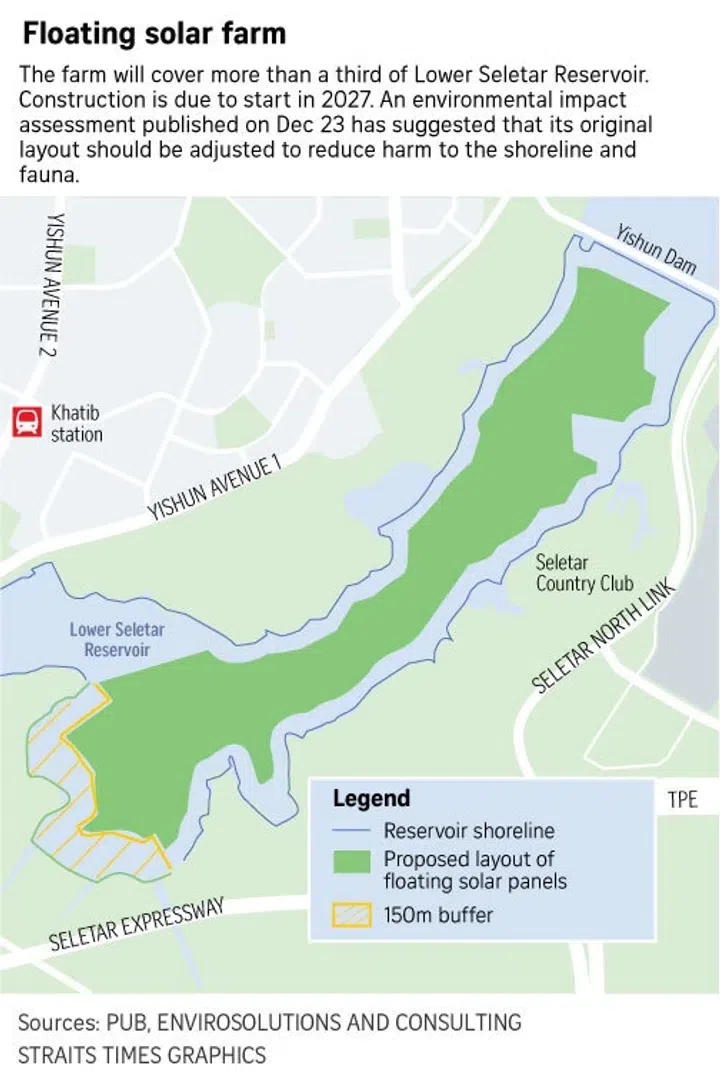 Map showing the proposed location of the solar farm in Lower Seletar Reservoir.