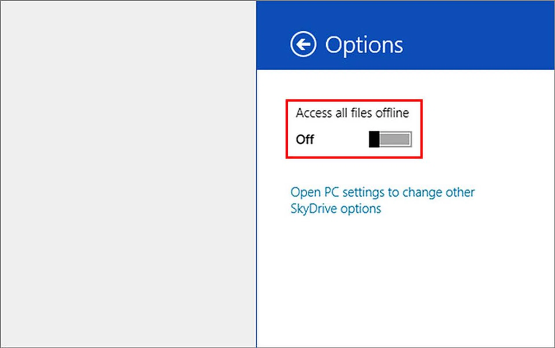 For desktops that have tons of storage space, you may want to make all SkyDrive files available for offline access. The setting is found under the Settings Charm > Options (when you're in the SkyDrive app).