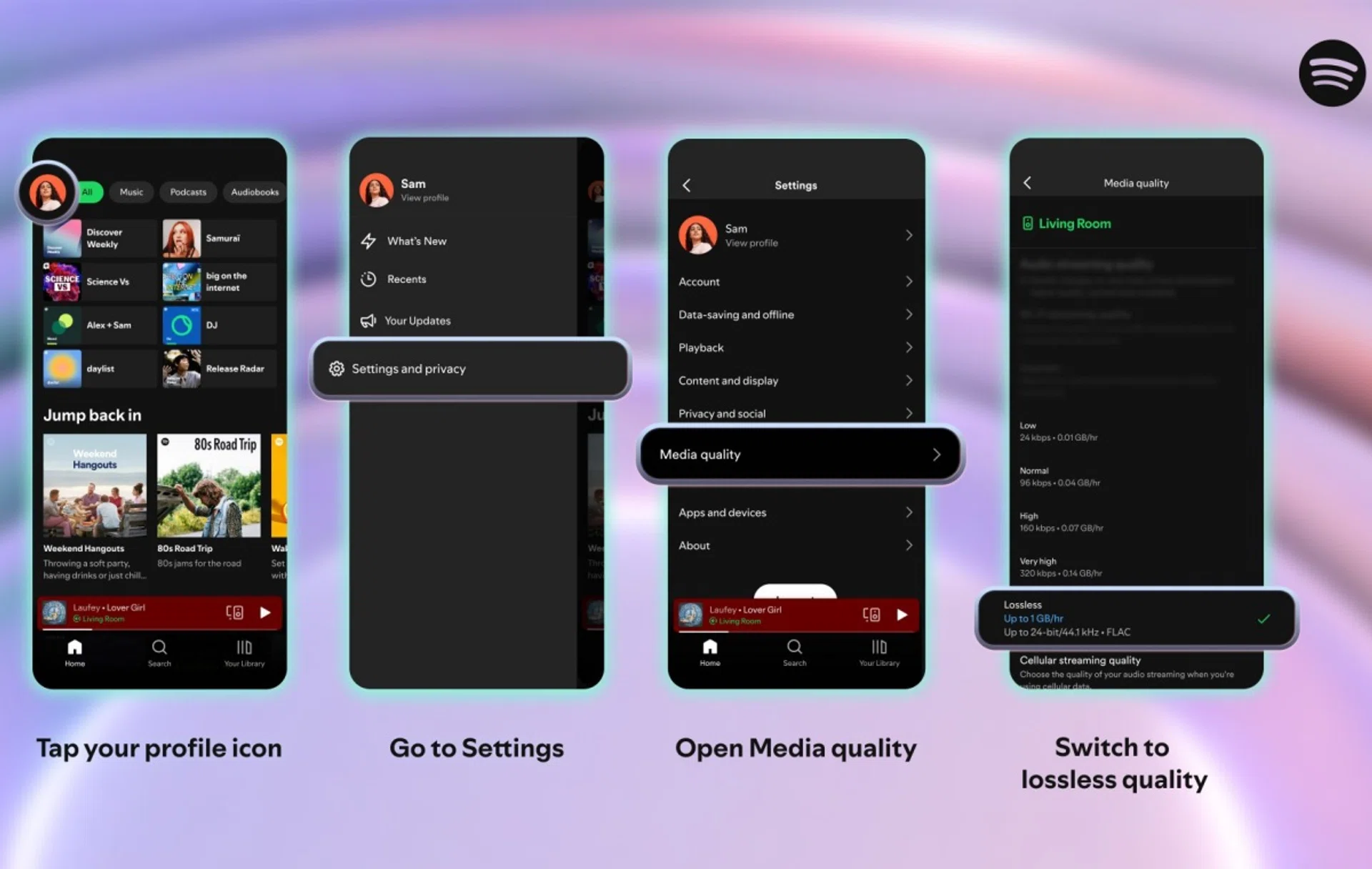 Steps to enable Lossless Audio on Spotify Premium.