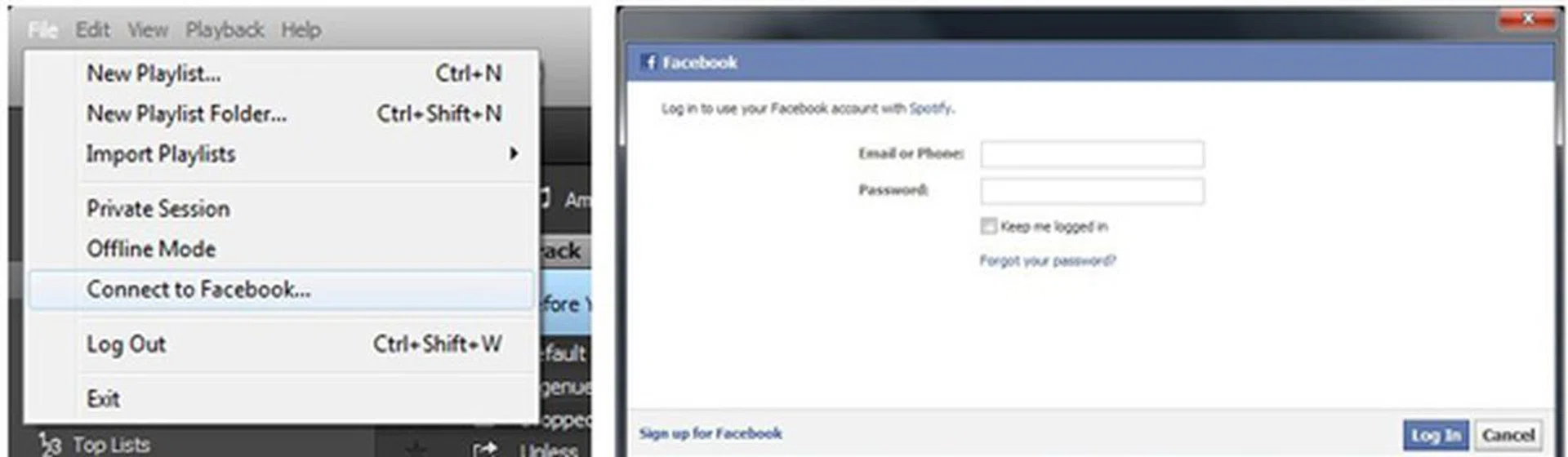 Method #1: Using the "Connect to Facebook" option from the "File" menu in the top left side of Spotify will bring up a Facebook log-in page.