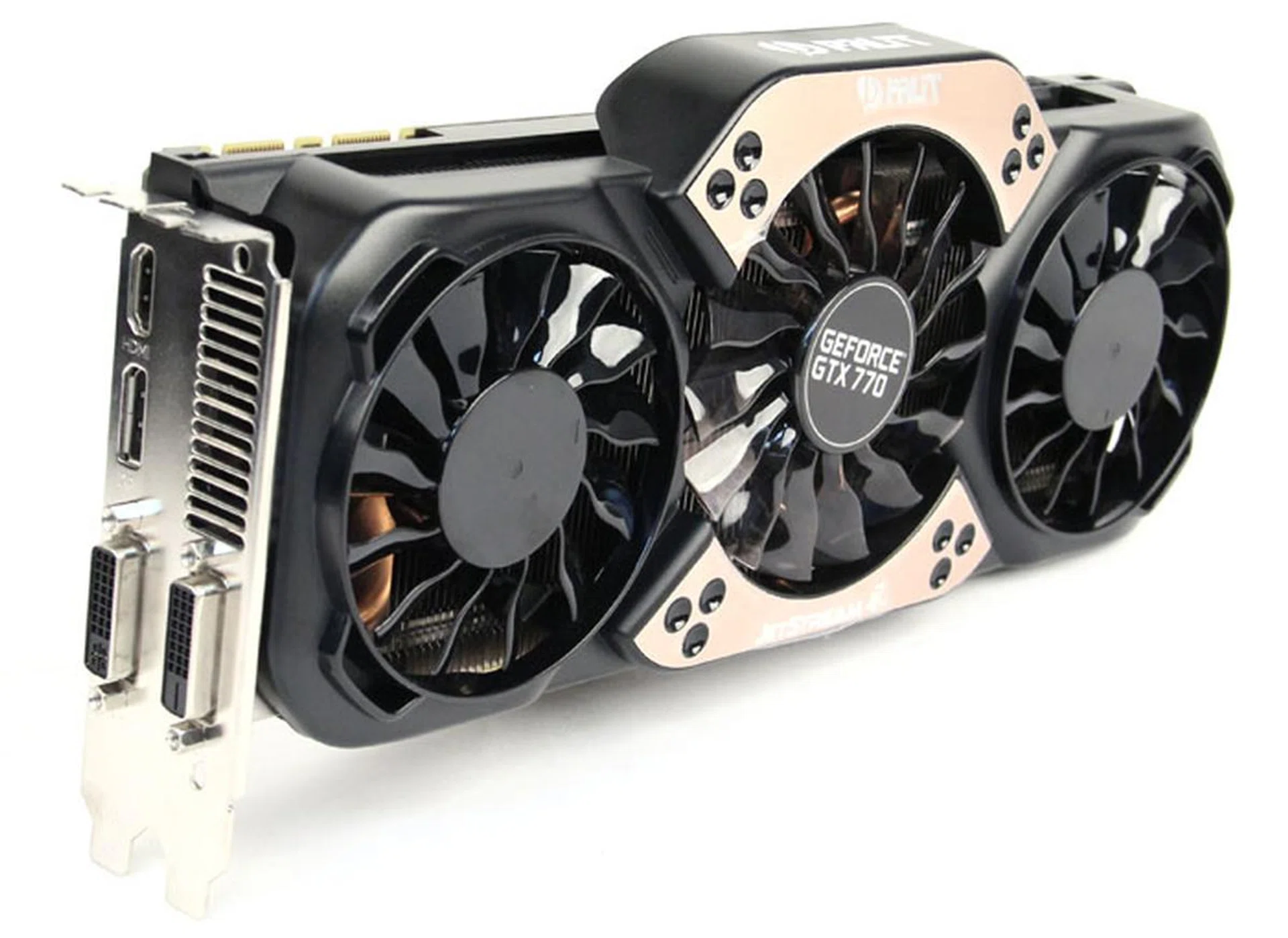 Palit's Jetstream cooler features a triple fan cooling system with two 80mm fans around a single 92mm fan in the middle. Underneath, five nickel-plated heatpipes  draw heat away from the GPU. Unfortunately, the entirely plastic construction of the cooler makes it look cheap.