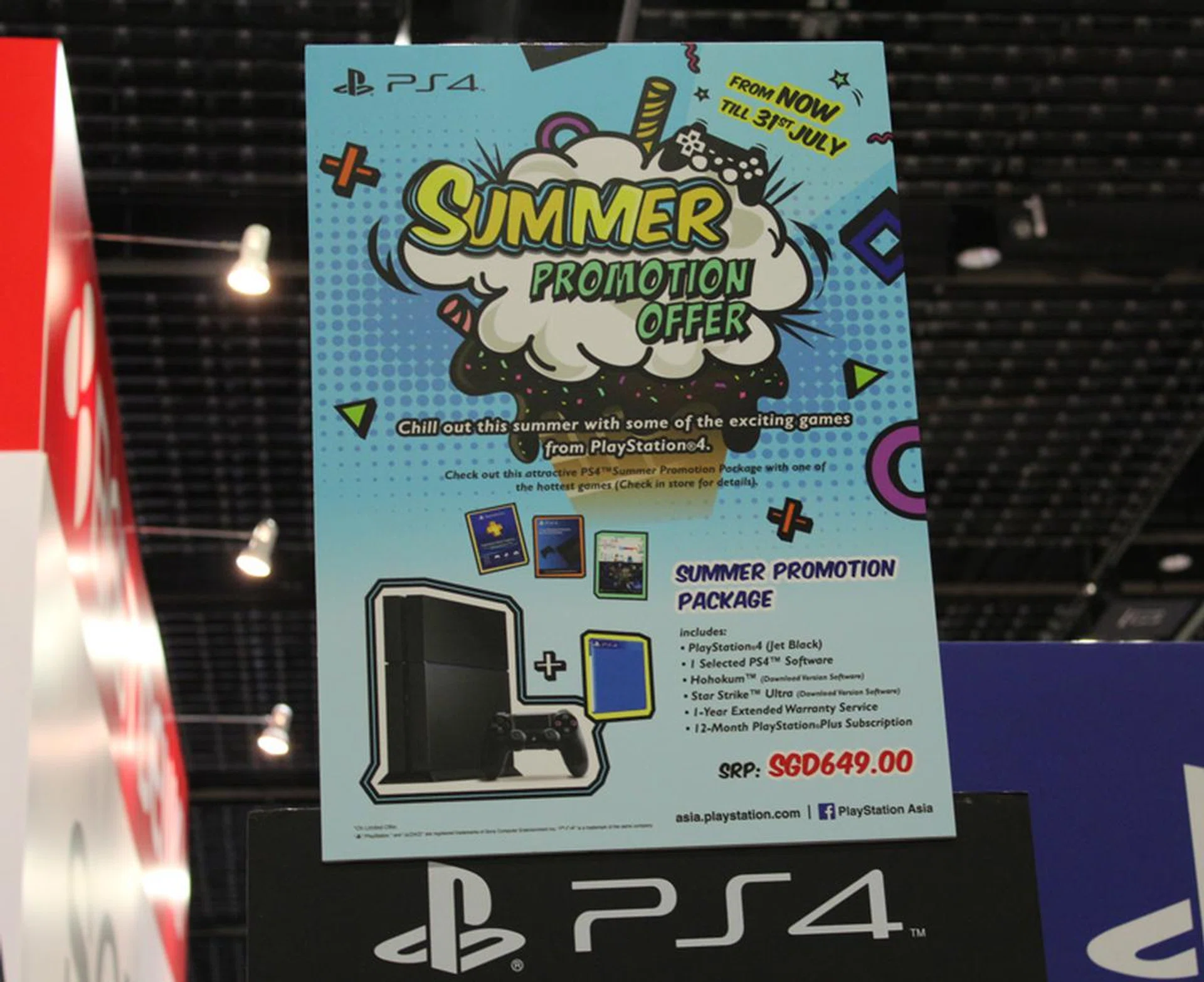 Sony's running a Summer Promotion at Comex. Get a PS4 and you'll get a free game (from a list), Hohokum and Star Strike Ultra from PSN,  a year's membership of PS Plus (needed to play online) and a year's extended warranty. All for $649.