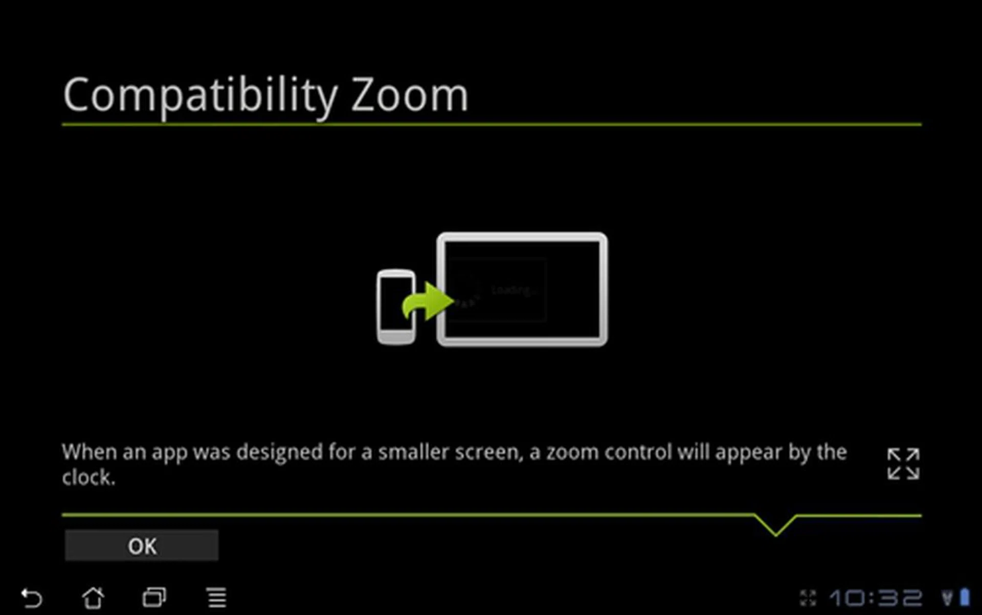 App zooming works by letting you choose between stretch and zoom modes to make the apps more usable on the bigger screens of tablets.