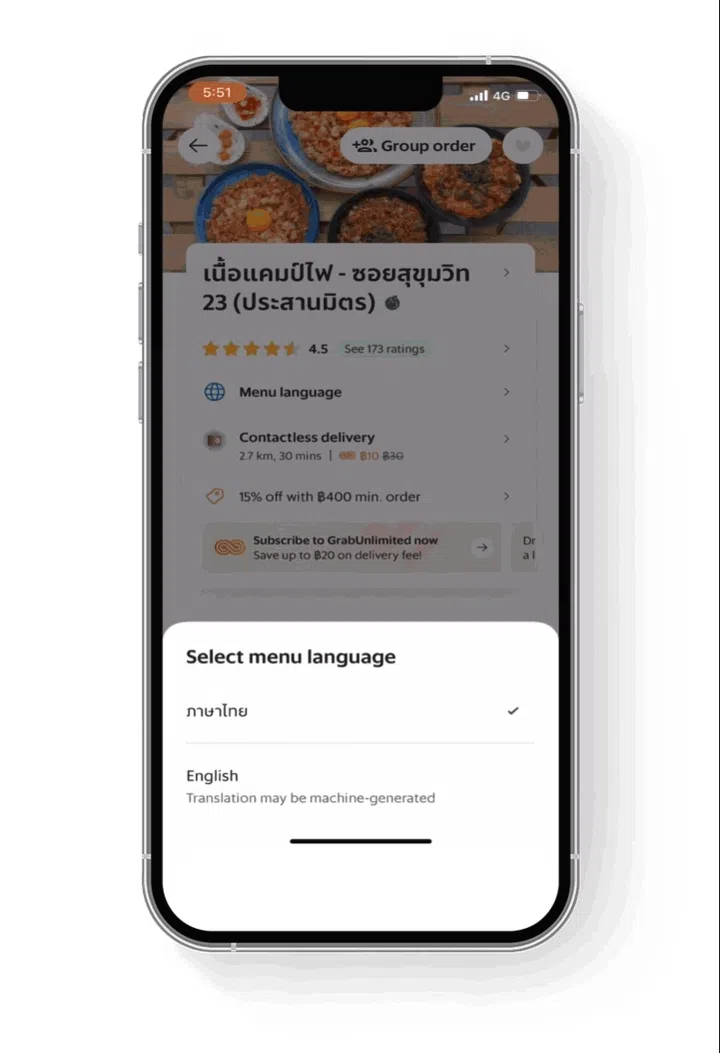 Want to order the best Krapow in Bangkok but can't type Thai? Grab translates for you.