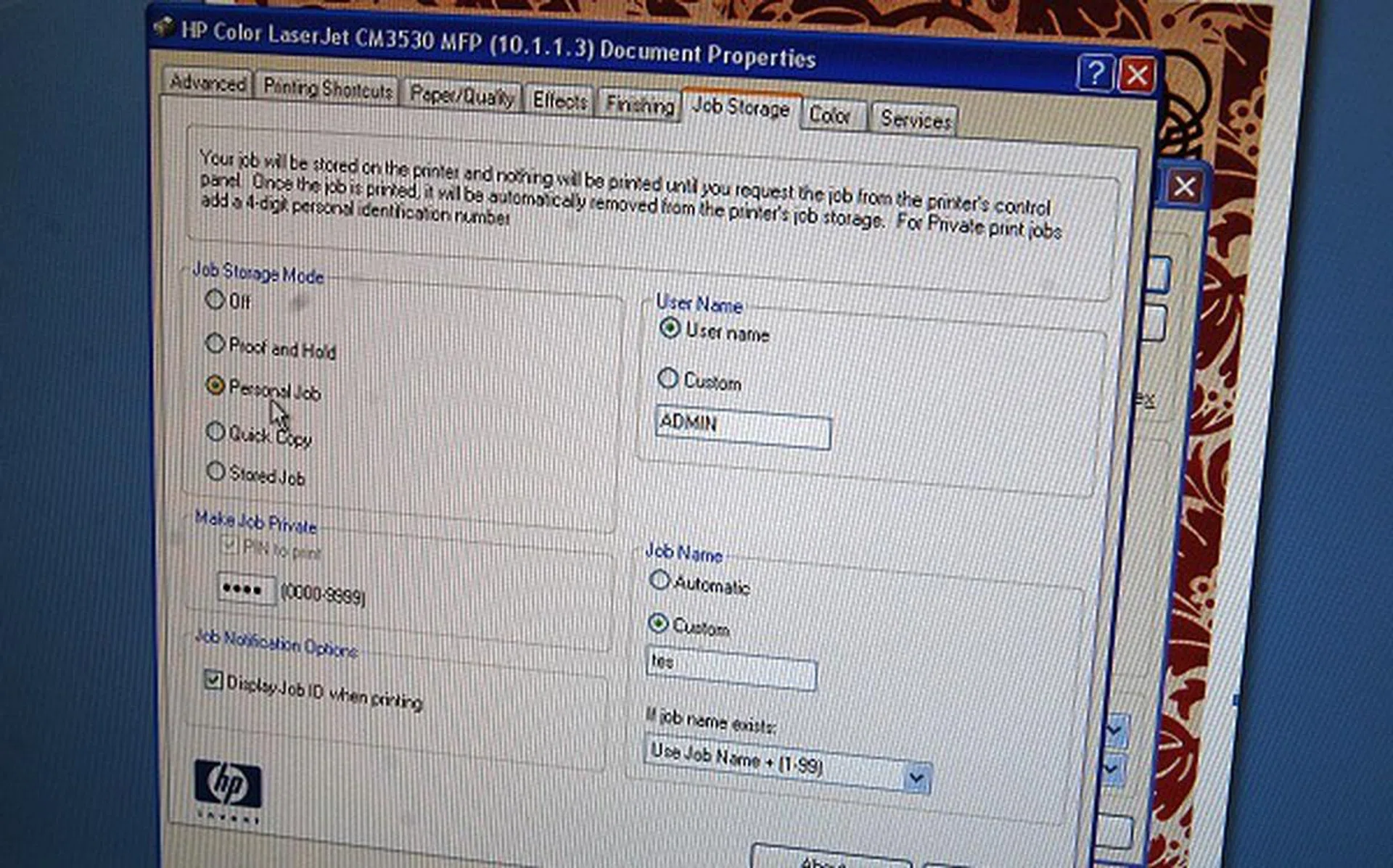 Setting up the print job from the PC for secured printing.