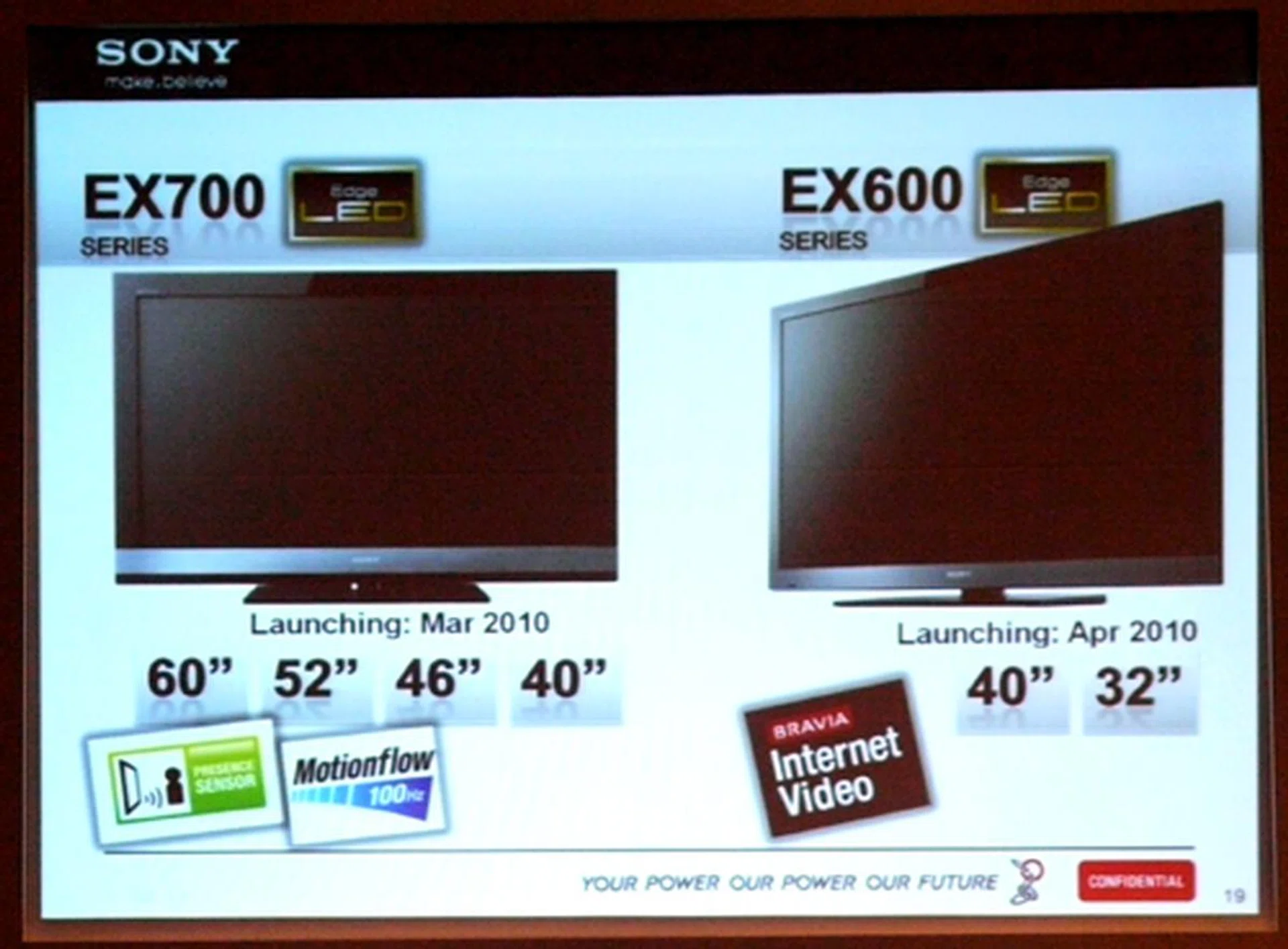 Arrival dates for the EX700 and EX600 as shown. Both series pack a DVB-T tuner and four HDMI ports. However, please keep the specs sheet in mind, for only the EX700 model comes with the MotionFlow 100Hz perk.