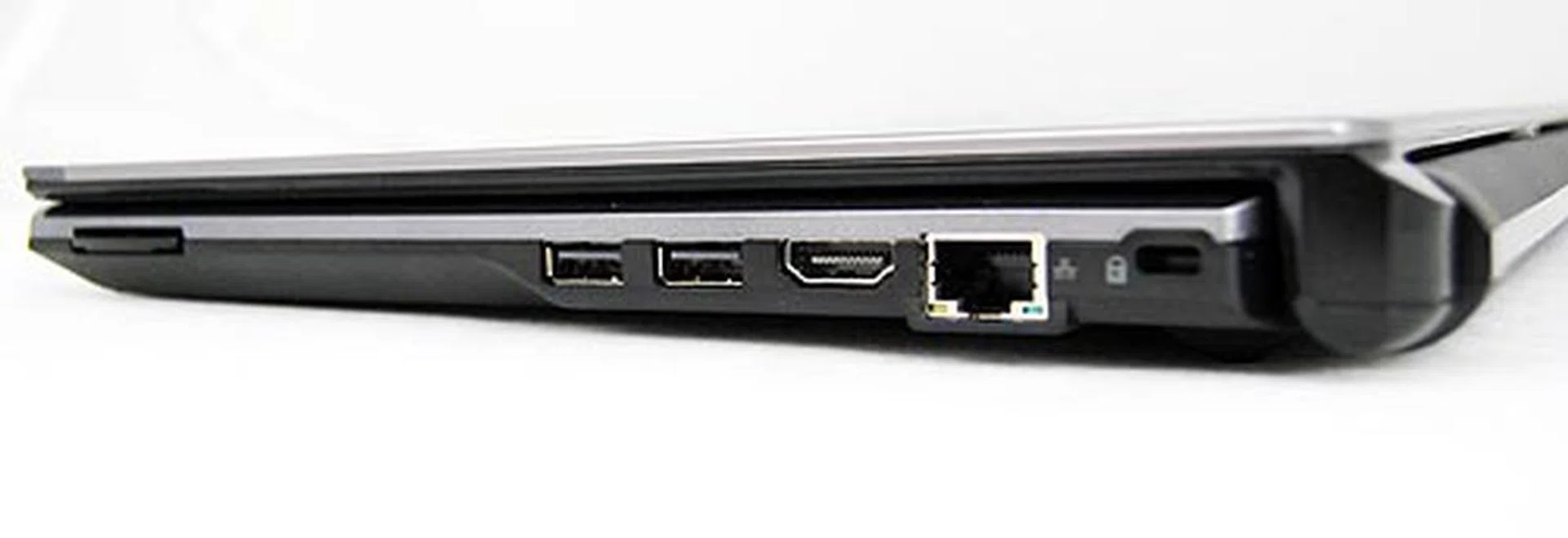The side ports hold the usual standard USB ports, card reader, HDMI port and LAN port.