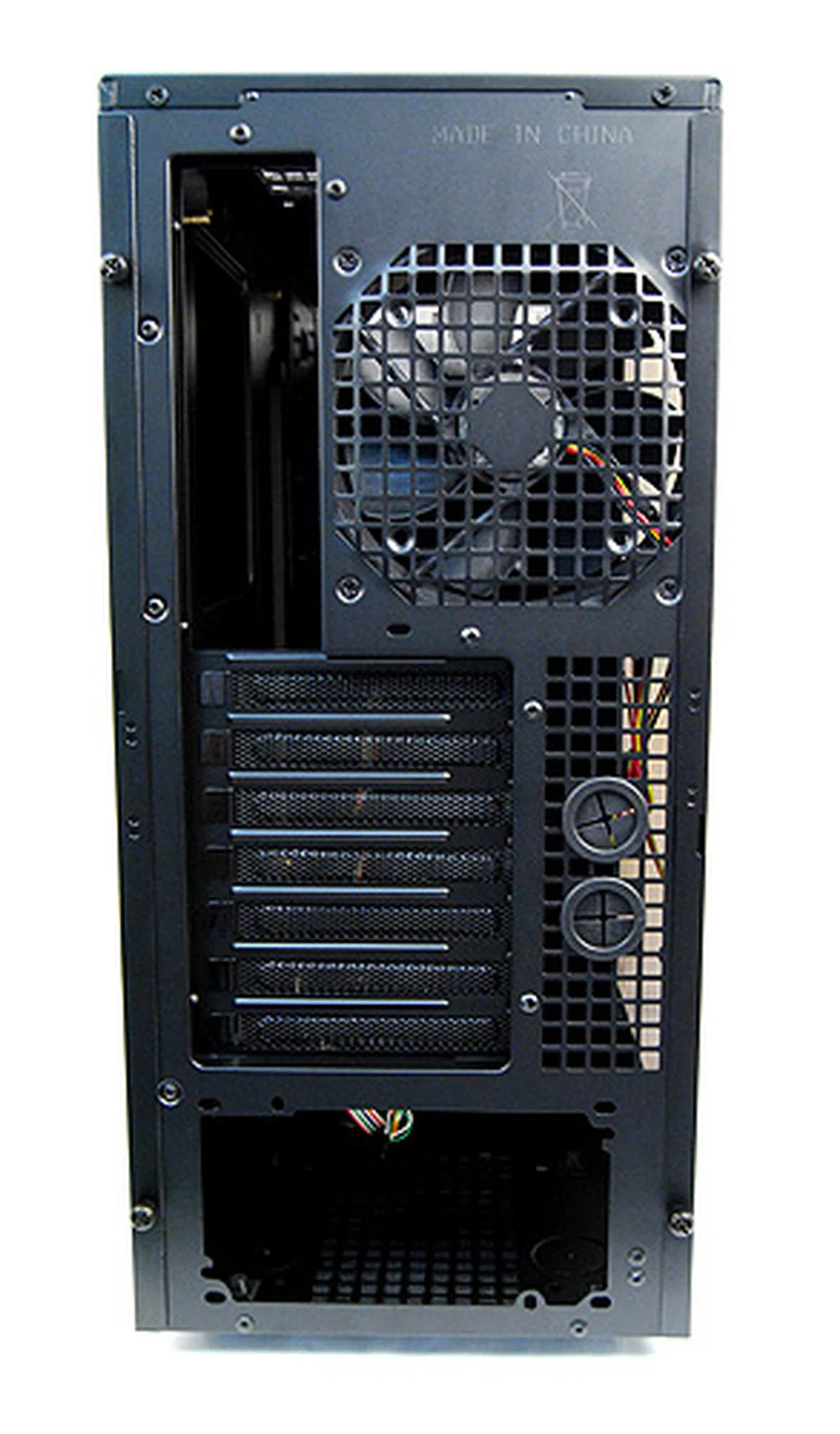 Apart from the two rubber grommets for liquid cooling solutions, the rear of the Ikonik EN2-WB is pretty much standard fare.