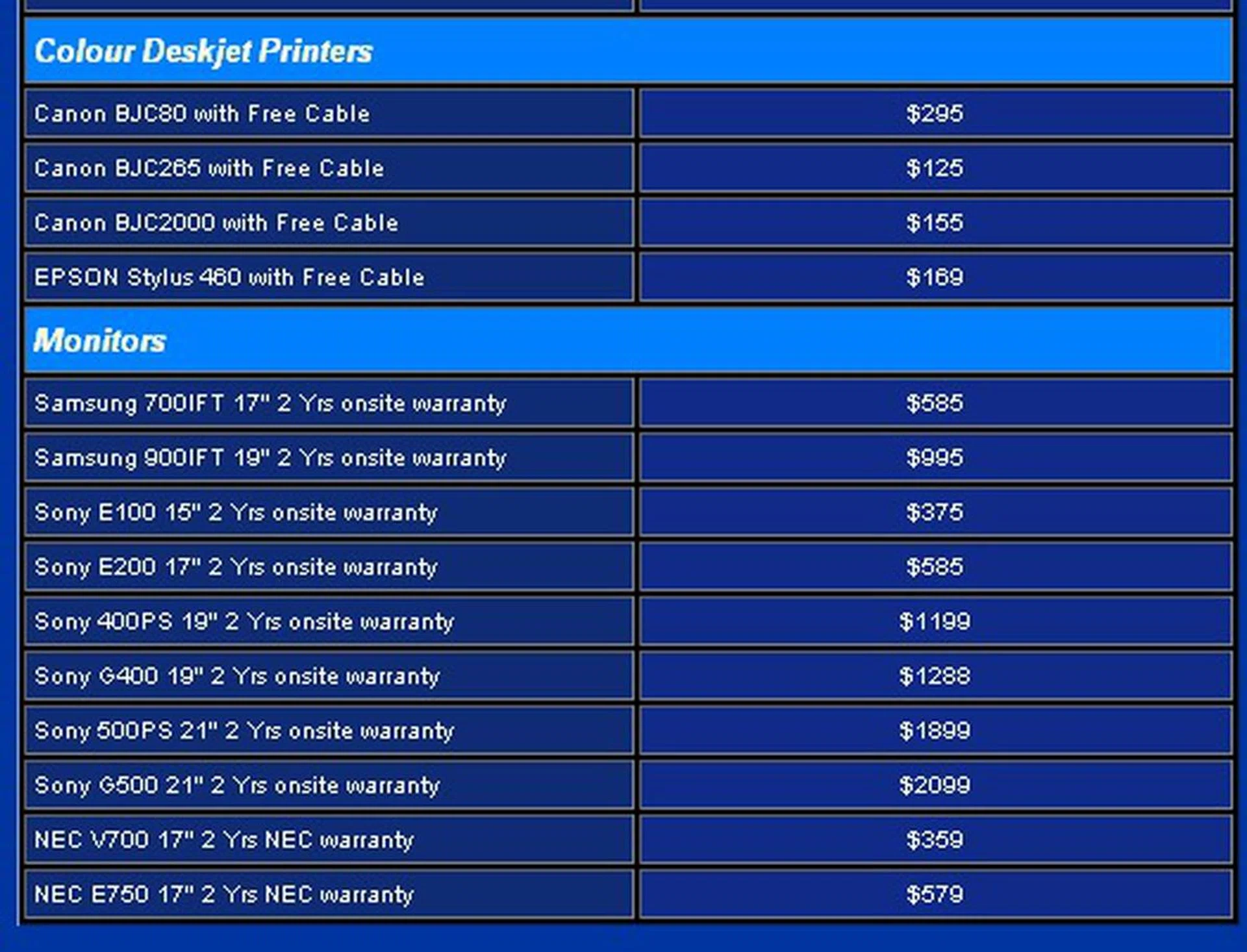  More hardware prices; if you take a close look, you can see just how dear it would have been to own a 21-inch CRT monitor and not to mention its huge bulk. Not a single LCD on offer yet though.  