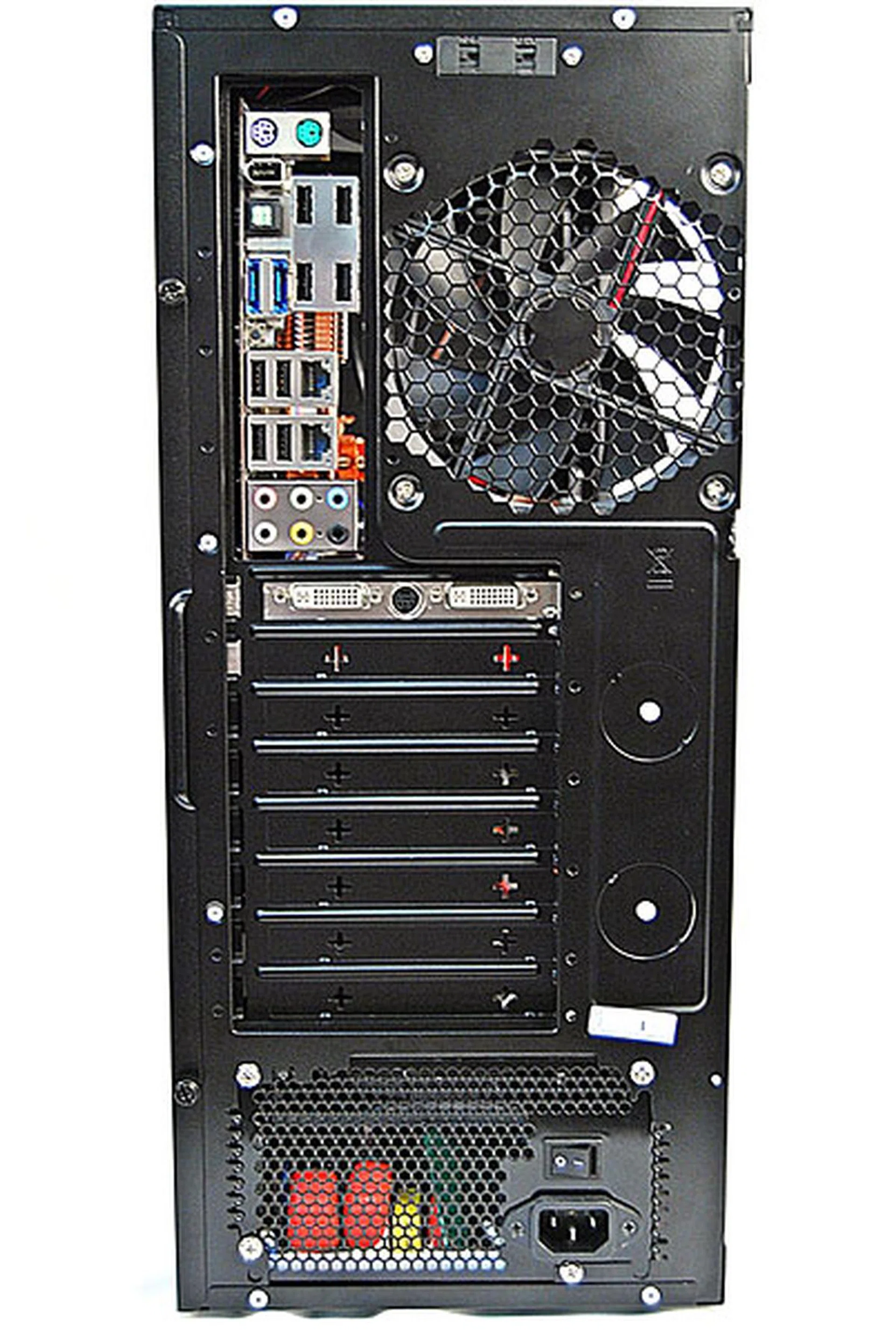 The rear cooling option is the other 120mm TwoCool fan. There are two switches for controlling the speeds of both fans. We had to pry off the port cut-outs from the back panel; fortunately, they came off clean and there were no small nasty steel stubs left behind. Rubber grommets to route your water cooling tubes are not a standard-fare but the casing does have relevant perforations to a cater to those needs too.