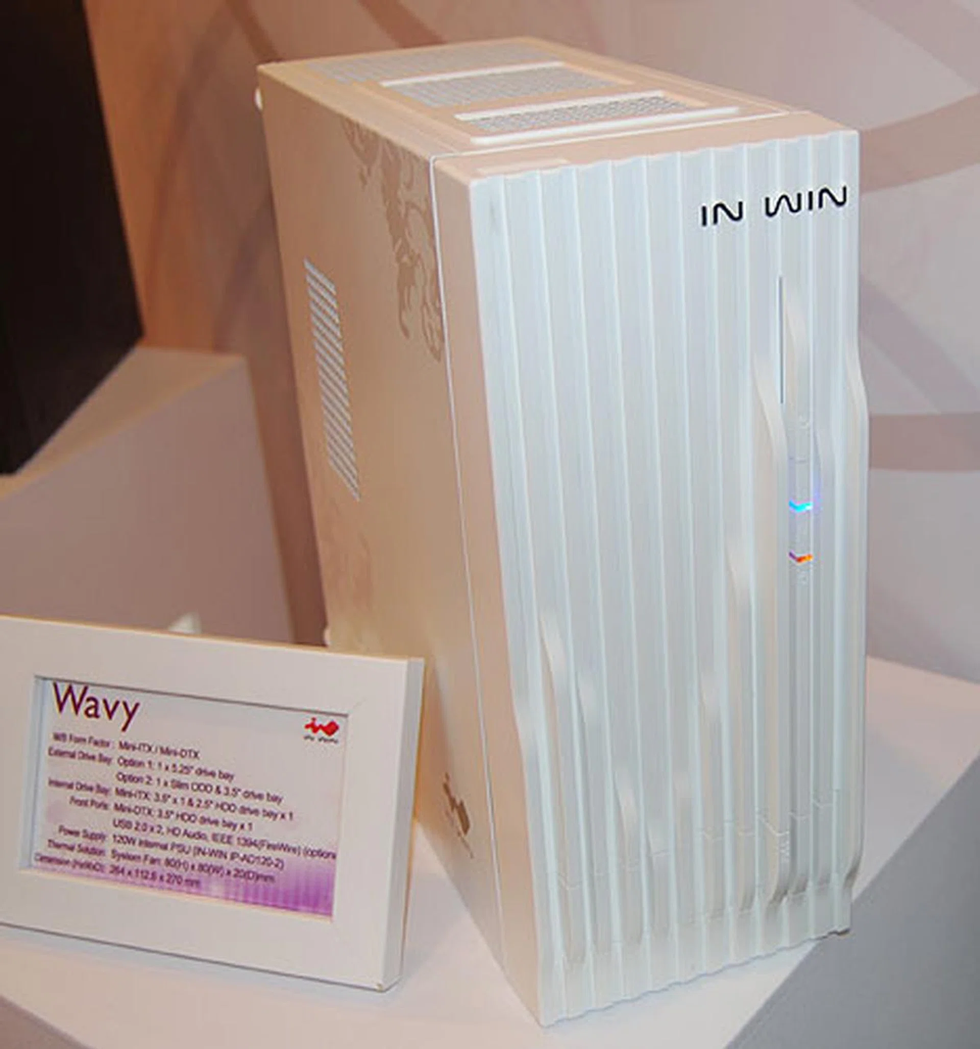  The appropriately named Wavy is designed for the mini-ITX form factor with an option for two hard drives, a 3.5-inch and a 2.5-inch. It has an internal 120W PSU and one 80mm fan.  