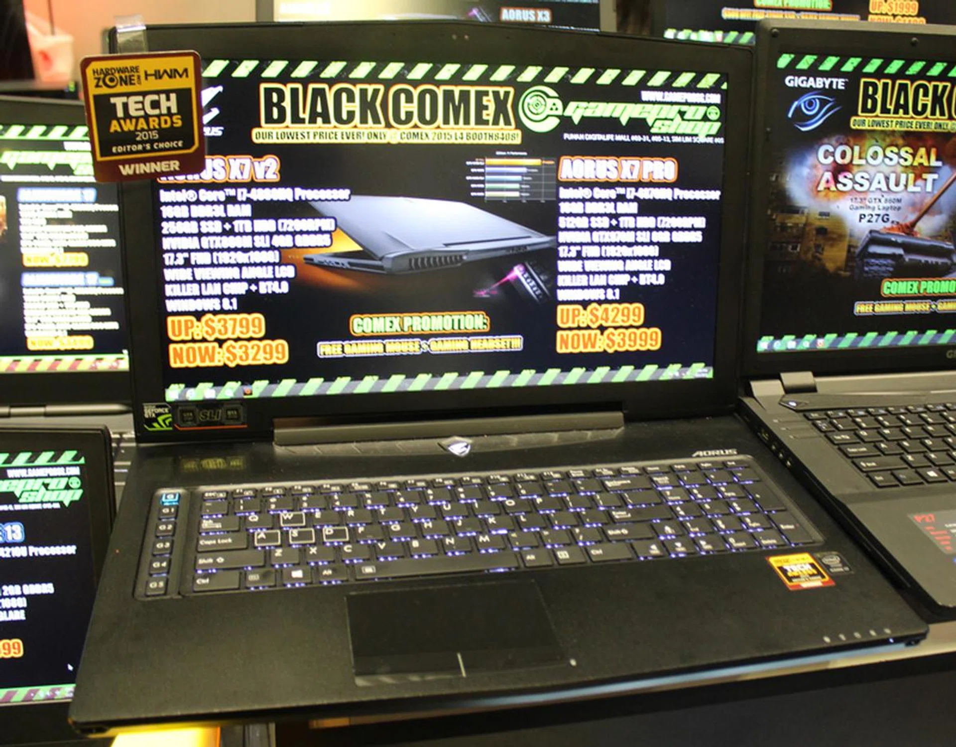 The Aorus X7 Pro makes the list yet again, as despite being old, it's still keeping pace with the newer models. The machine has a 17.3-inch 1080p display with an Intel Core i7-4870HQ (2.5GHz, 6MB L3 cache), NVIDIA GeForce GTX 970M (6GB VRAM) in SLI, 16GB DDR3L RAM and 512GB + 1TB HDD. It comes with Windows 8.1 and is $3,999. (U.P.$4,299)