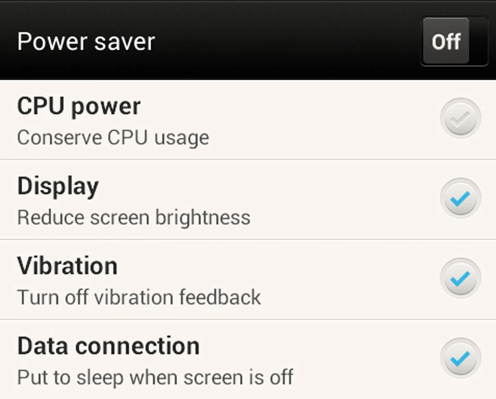 Power Saver maximizes battery life on the HTC One SV and the control panel is aptly named that combines all the sub-options.