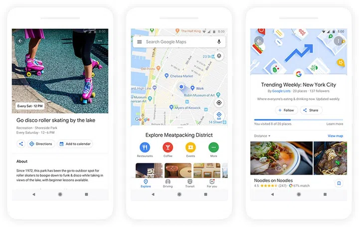 Events and activities, options around you, and top lists in the updated Google Maps. (Image source: Google.)
