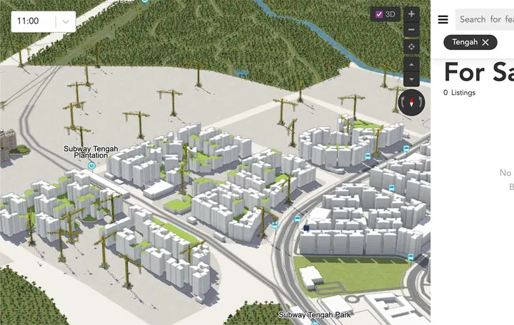 Future Tengah HDB blocks with Tengah Plantation and Tengah Park MRT stations displayed. (Screenshot: Mogul.sg 3D map)