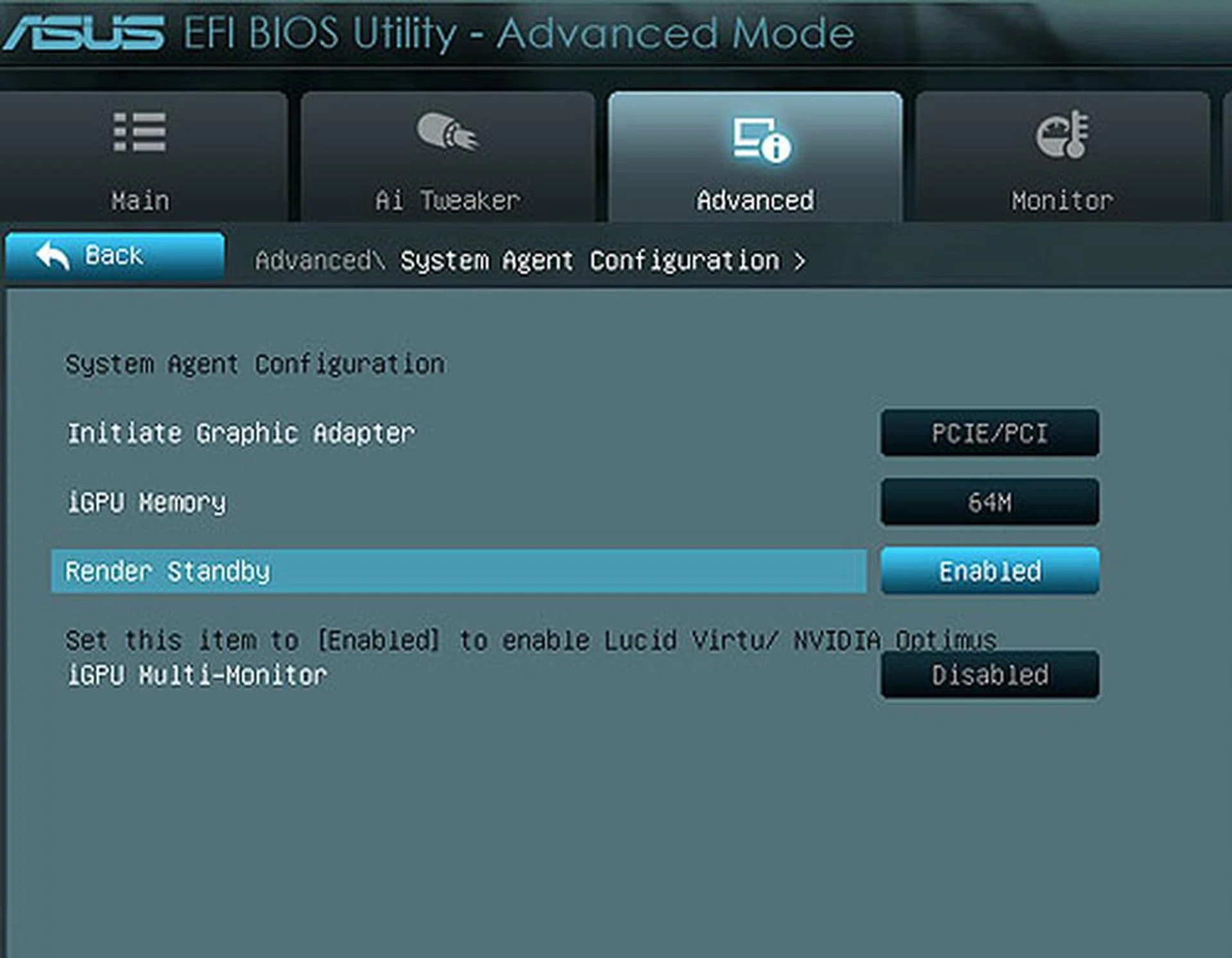 As you can see, you can control the iGPU settings in the BIOS for this ASUS Intel Z68 board, something you couldn't do on the Intel P67. Users have to enable the iGPU Multi-monitor option before you can install the Lucid Virtu driver. 