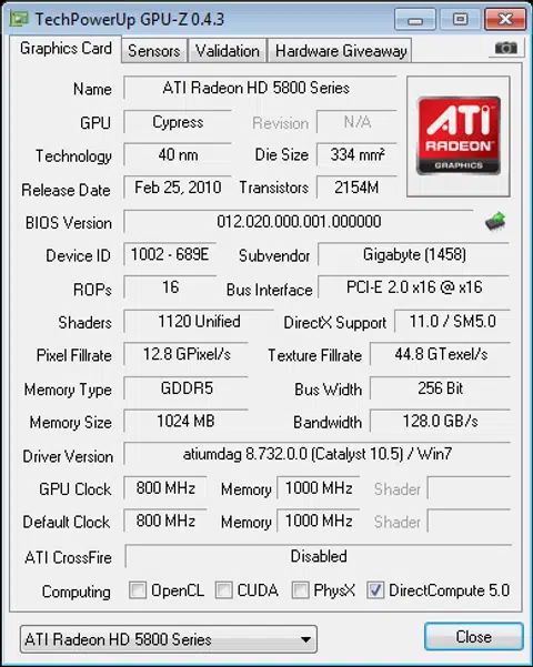 Screenshot from GPU-Z detailing the technical specifications of the Radeon HD 5830.