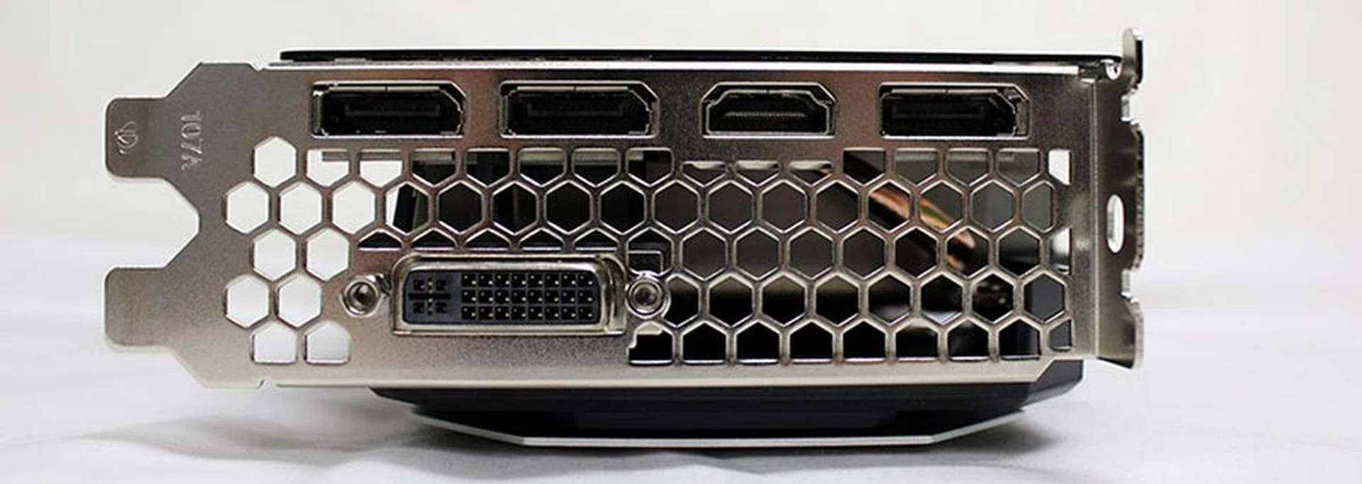 The Palit card sports one DVI-I port, three DisplayPort outputs, and a single HDMI connector.
