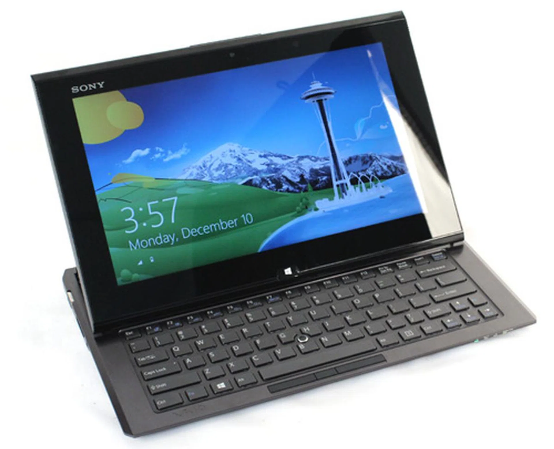 Which will slide the screen back and up very smoothly, revealing the chiclet keyboard and transforming the Duo 11 into a notebook.