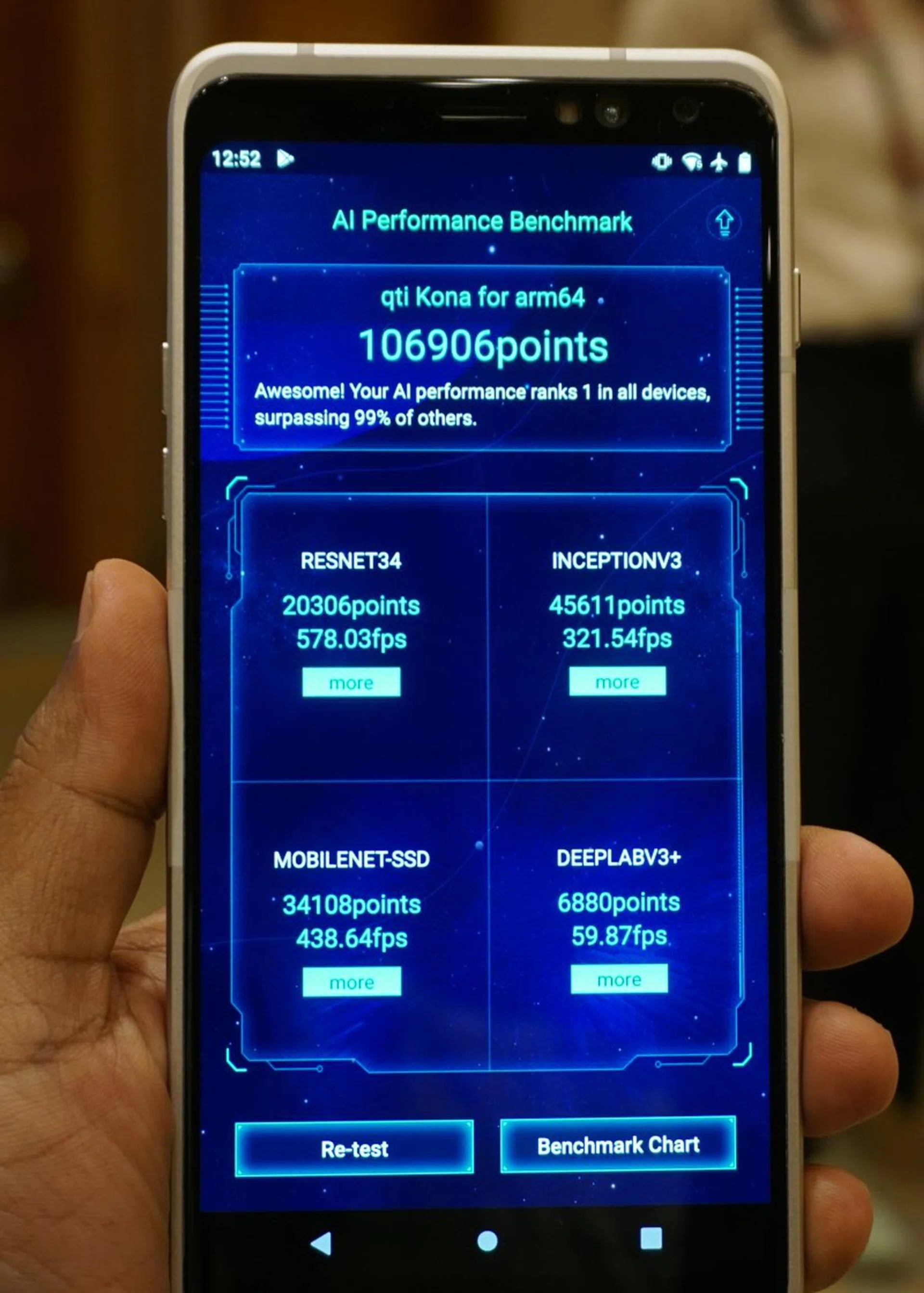 Ludashi's AImark uses Resnet34, InceptionV3, MobilenetSSD, and Deeplabv3+ neural network models for image classification, image recognition, and image segmentation tasks. A score is derived from the AI performance of a mobile device from its recognition efficiency.