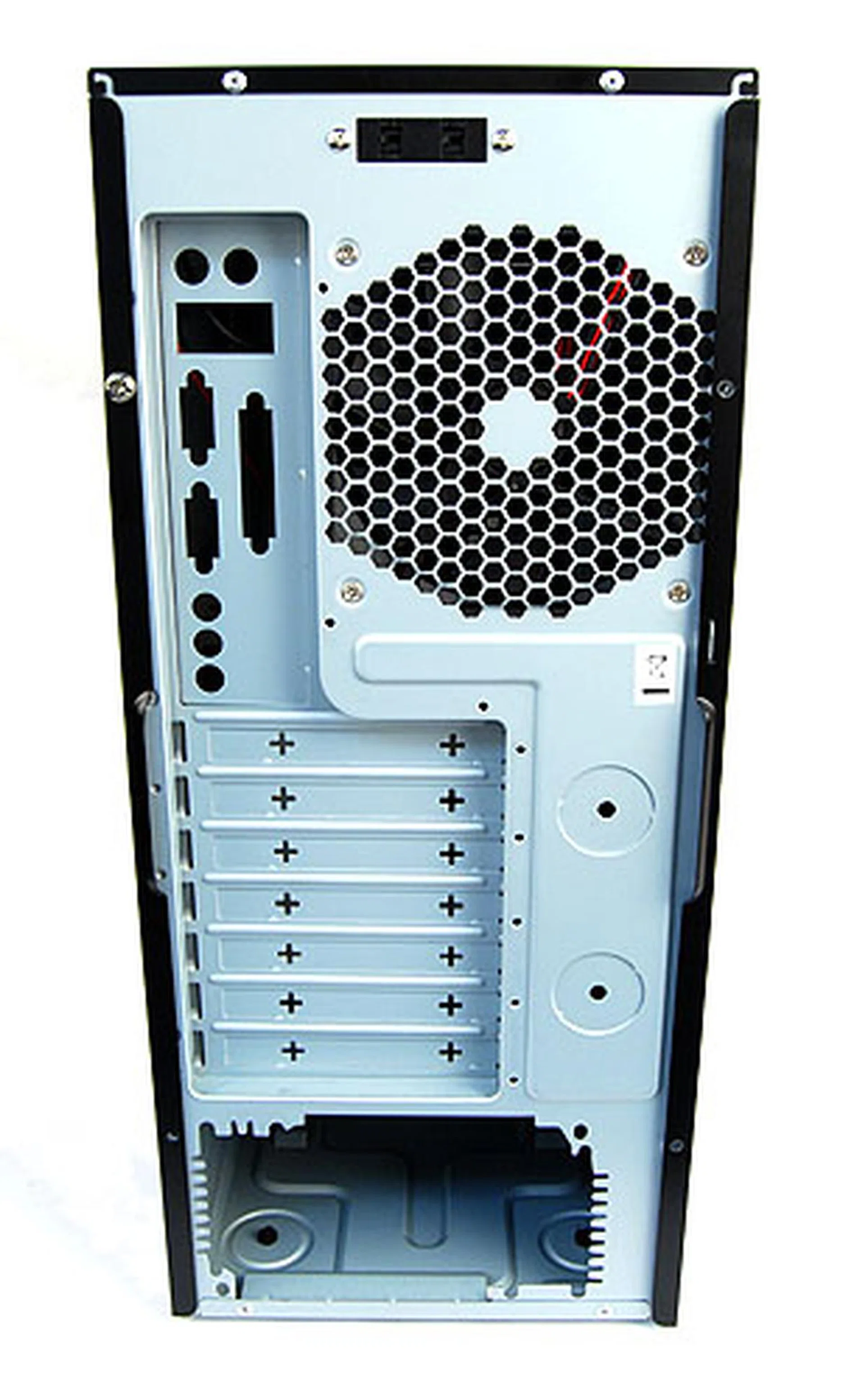 The rear is mostly standard fare, except for the fan speed controllers located at the top.