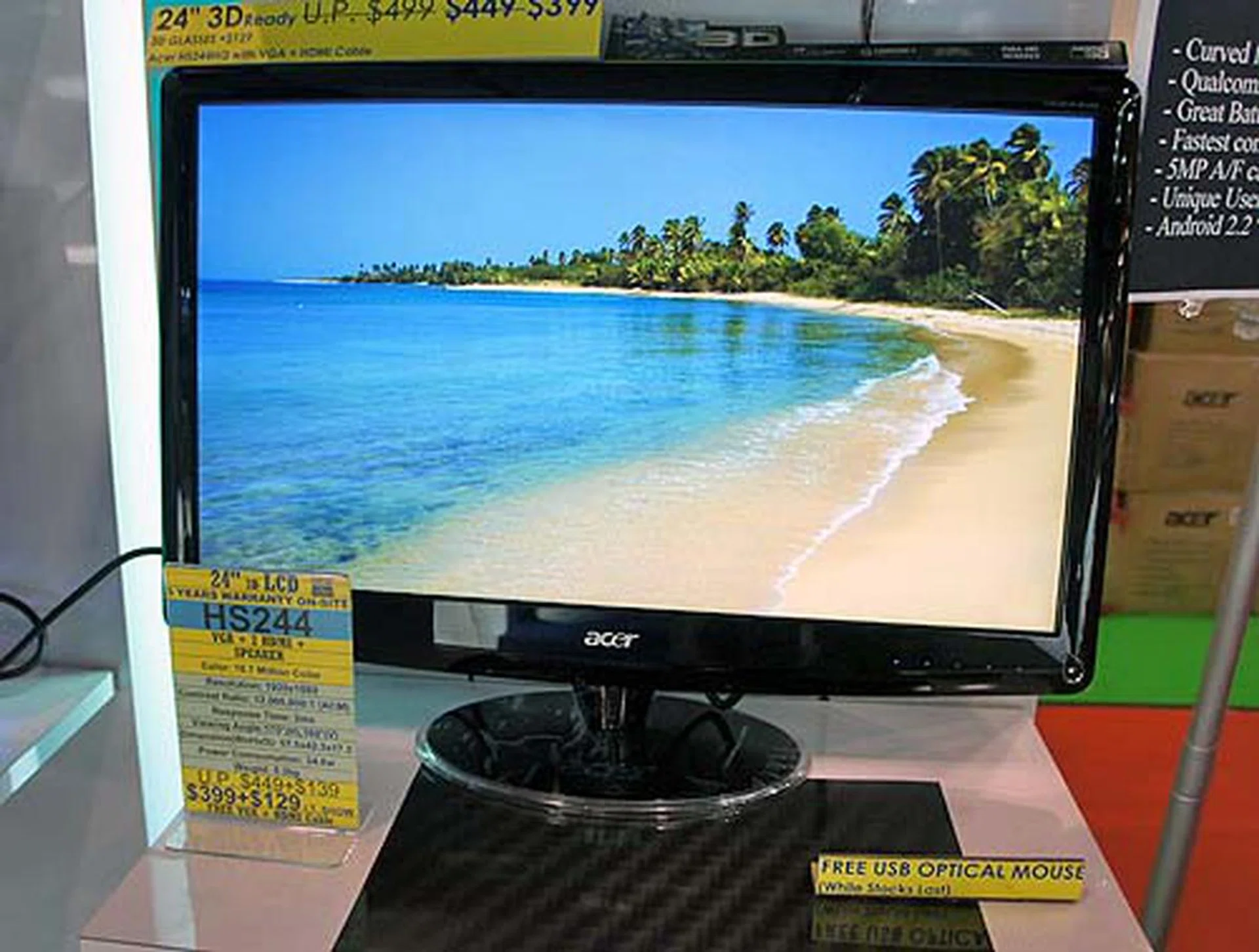 If you're looking for something other than computers, or maybe you want to get a second monitor for your desktop, then why not give the Acer HS244 a shot? This 24-inch 3D LCD monitor has VGA and 2 HDMI ports, while also packing built-in speakers. It has a 2ms response time and a 12,000,000:1 contrast ratio and will cost you just $399. Throw in another $129 for a pair of 3D glasses and you're all set.