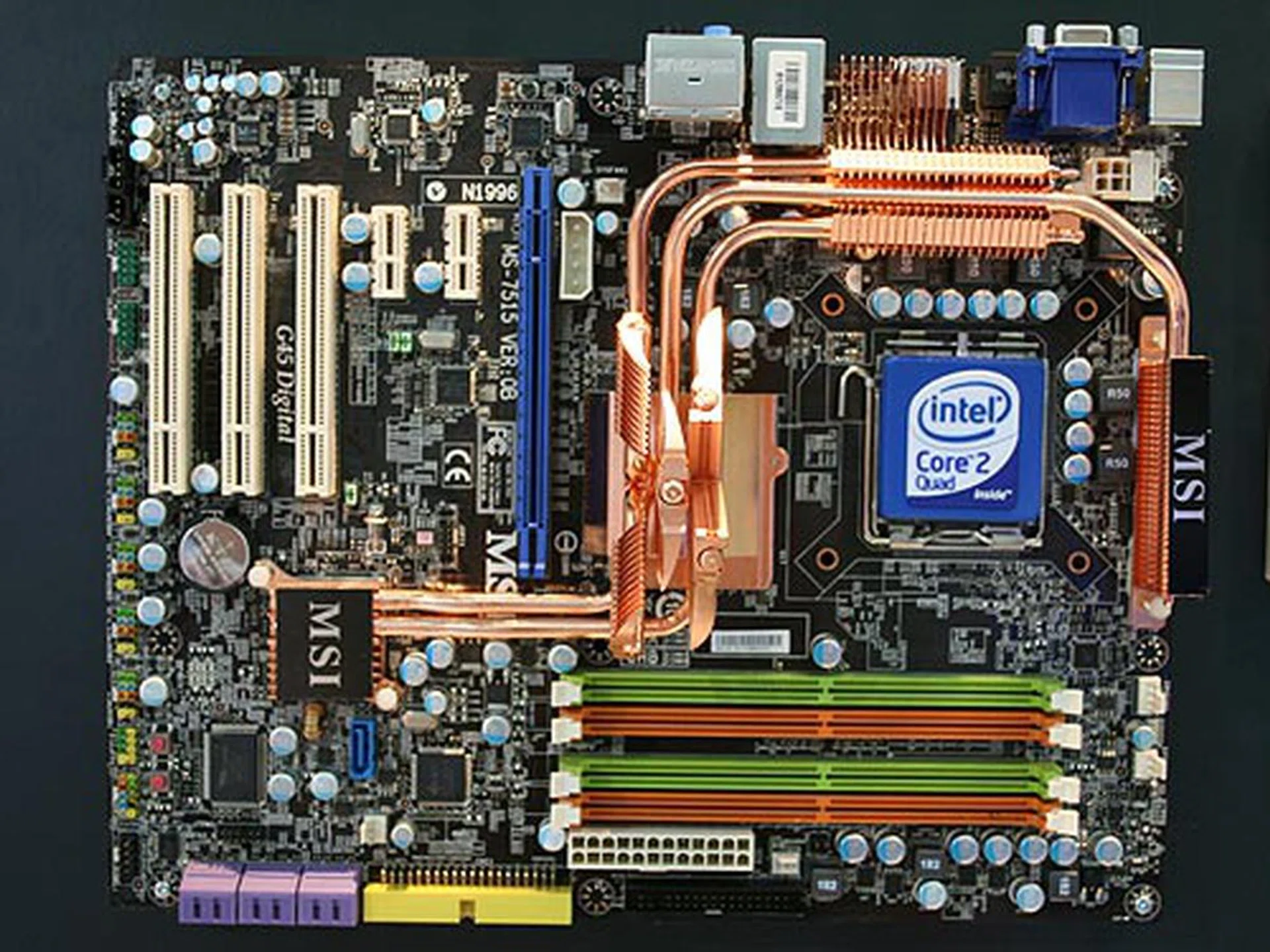  The MSI G45 Platinum is an integrated graphics full ATX motherboard that features Circu-Pipe 2 cooling and Dr. MOS technology. The board supports DDR2-1200 and comes equipped with a PCIe graphics slot for future needs.  