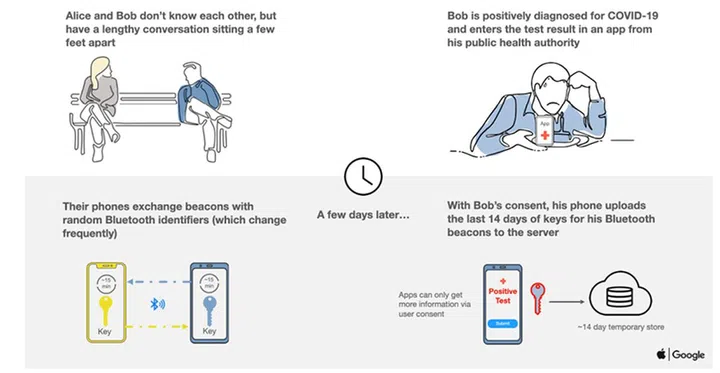 How the contact tracing API envisions to help health officials to track the spread of Covid-19, as told through the story of Alice and Bob (part 1). Source: Apple.