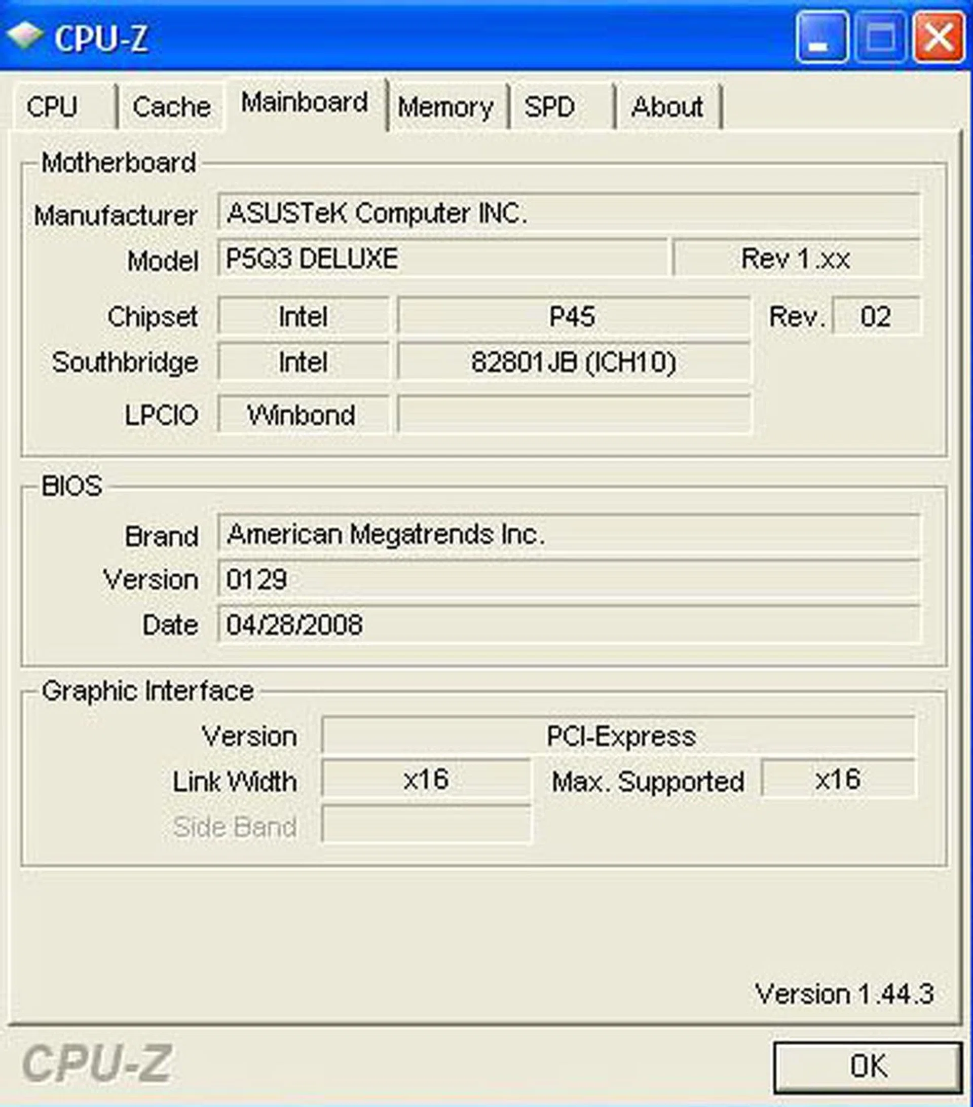 You'll need the new CPU-Z 1.44.3 to display the new Northbridge and Southbridge information correctly. 